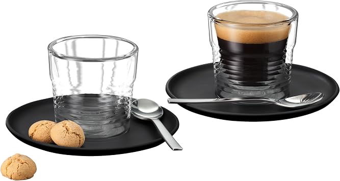 K-fee Double-walled thermal glasses, 2 x 75 ml espresso glasses with 2 saucers and 2 teaspoons, cups, coffee glass, espresso, made of borosilicate glass, dishwasher safe