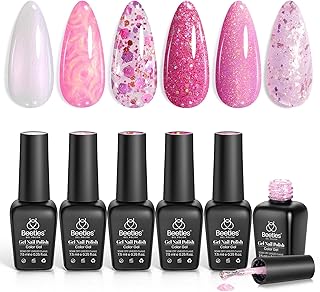 Beetles Pink Gel Nail Polish Set - 6 Colors Shimmer Nail Polish Nail Kit Hot Pink Pearl White Glitter Color Gel Pink Reverie Collection Soak Off Uv LED Nail Lamp Gift for Women & Girls