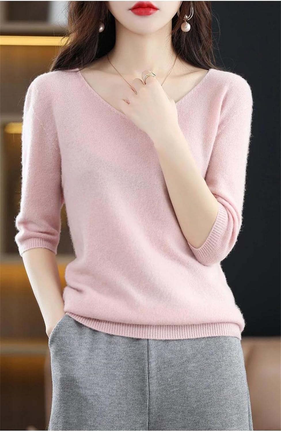 Women's Short Sleeve V-Neck Sweater 100% Merino Wool Pullover Solid Knit Top Basic Casual Half Sleeve Blouse