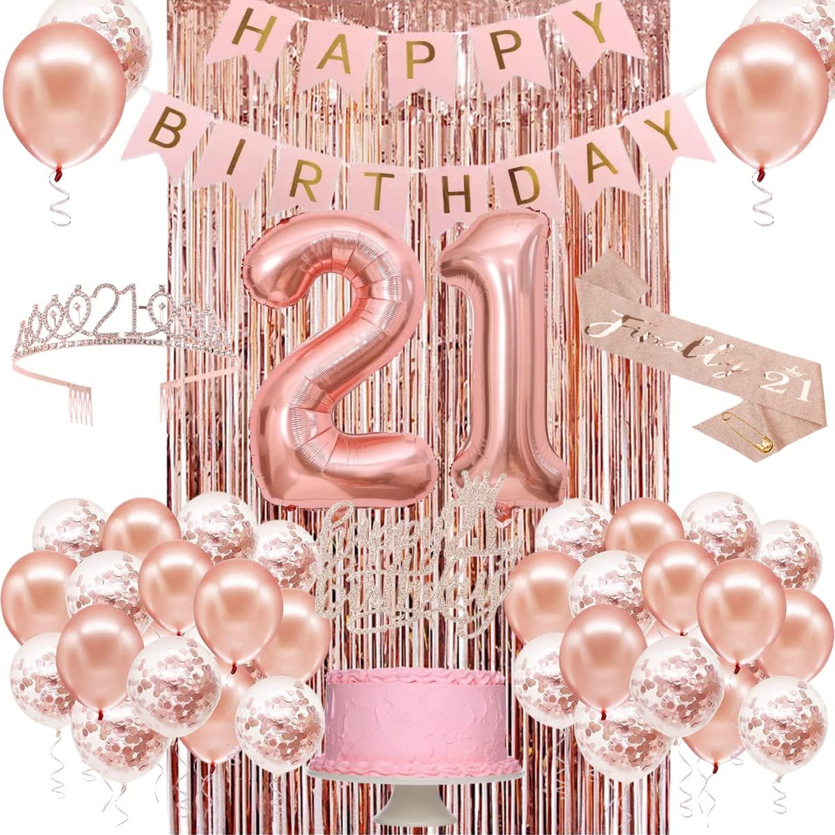 21st Birthday Decorations for Her, Happy 21st Birthday Decorations for Women,Rose Gold 21 Birthday Banner, Crown, Sash, Cake Topper And Number Balloon, 21 Birthday Party Decorations for Her