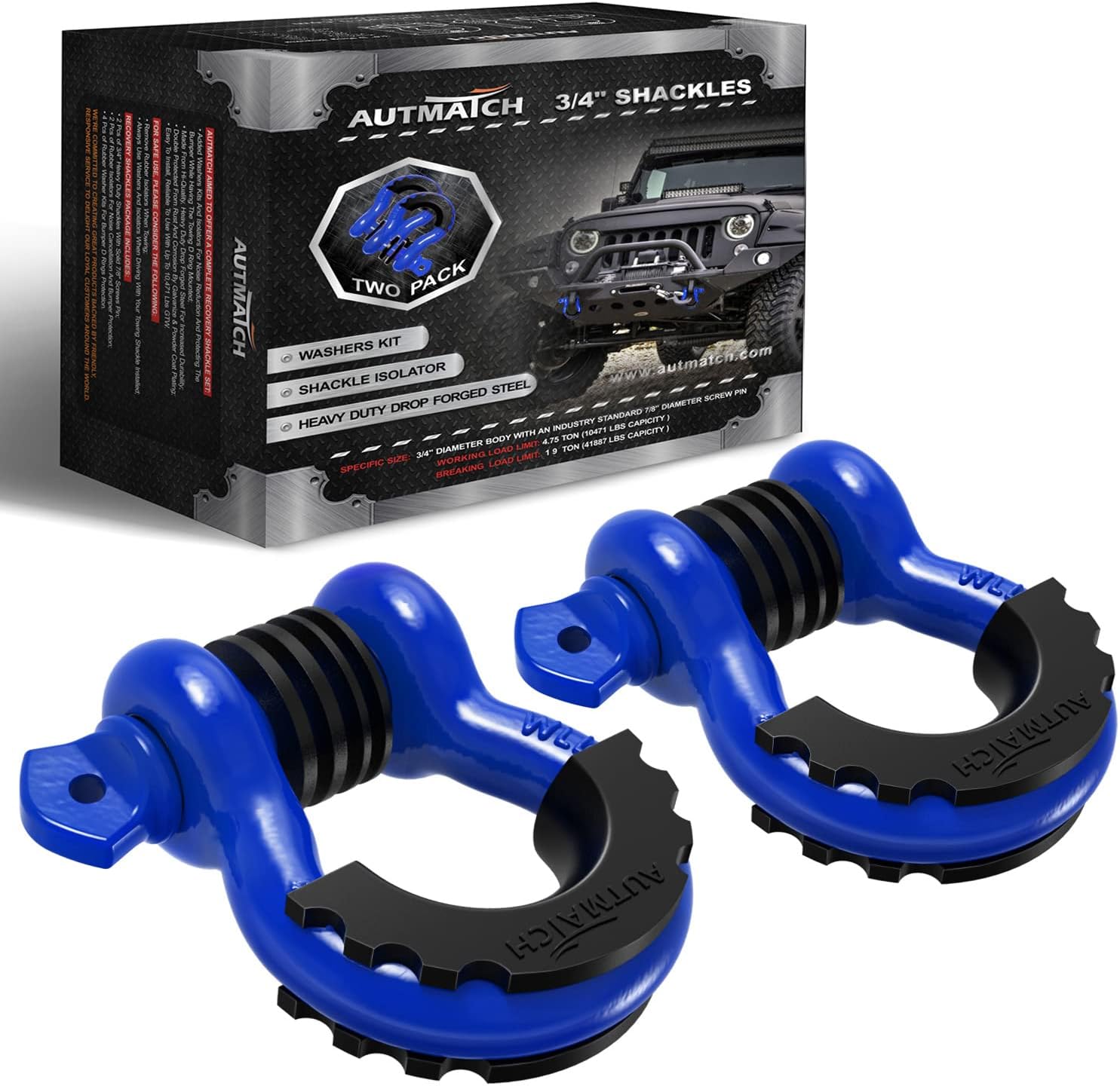 AUTMATCH D Ring Shackle 3/4" Shackles (2 Pack) 41,887Ibs Break Strength with 7/8" Screw Pin and Shackle Isolator Washers Kit for Tow Strap Winch Off Road Vehicle Recovery Blue