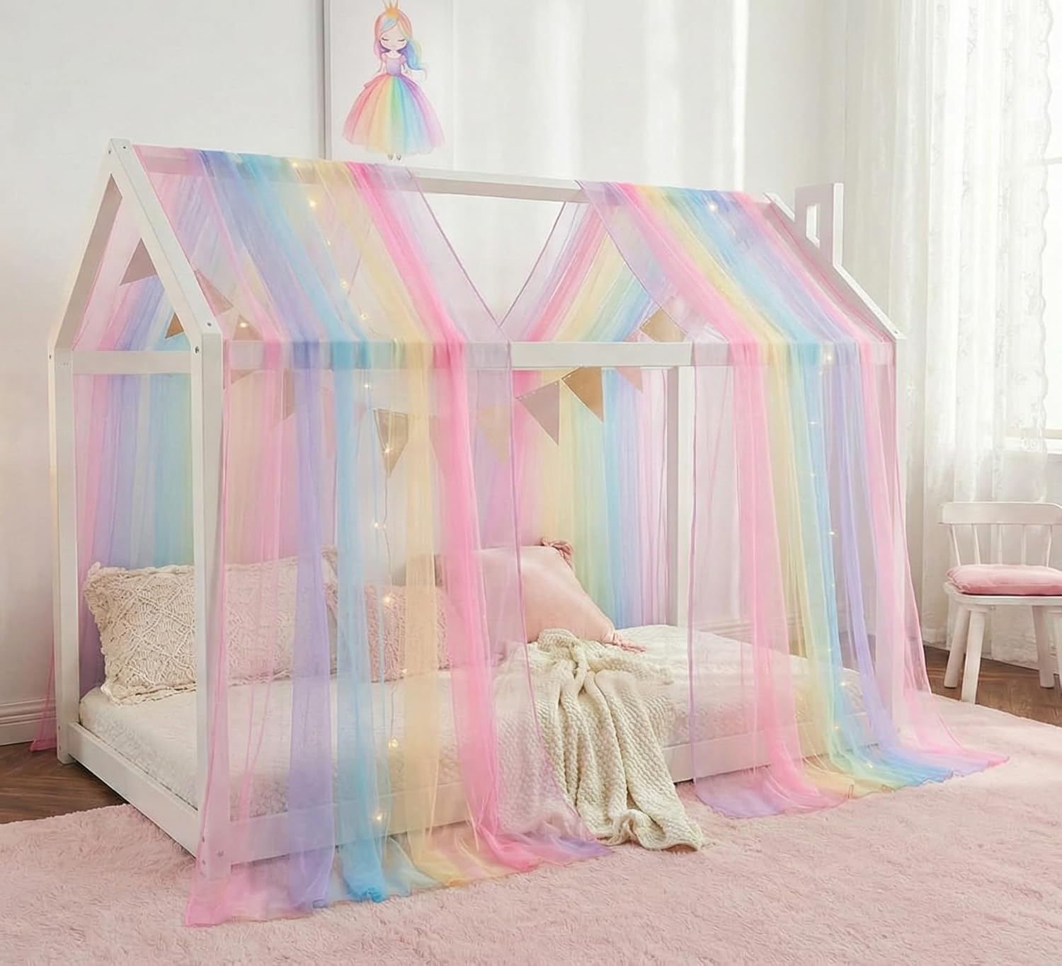 Rainbow Bed Canopy for Girls, Sheer Twin Canopy Bed Curtains with Lights, Princess Canopy Scarf for Girls Bed Room Decor (2 Panel)