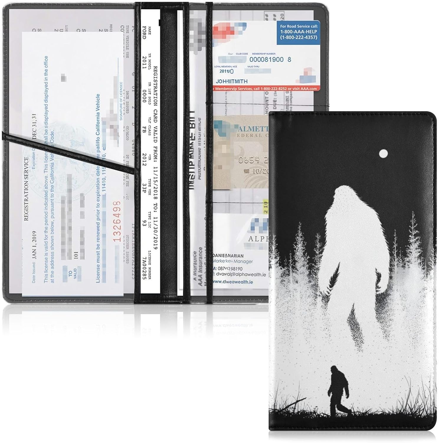 Car Registration and Insurance Holders Sasquatch Black Printed PU Leather for License Documents Cards Organizing