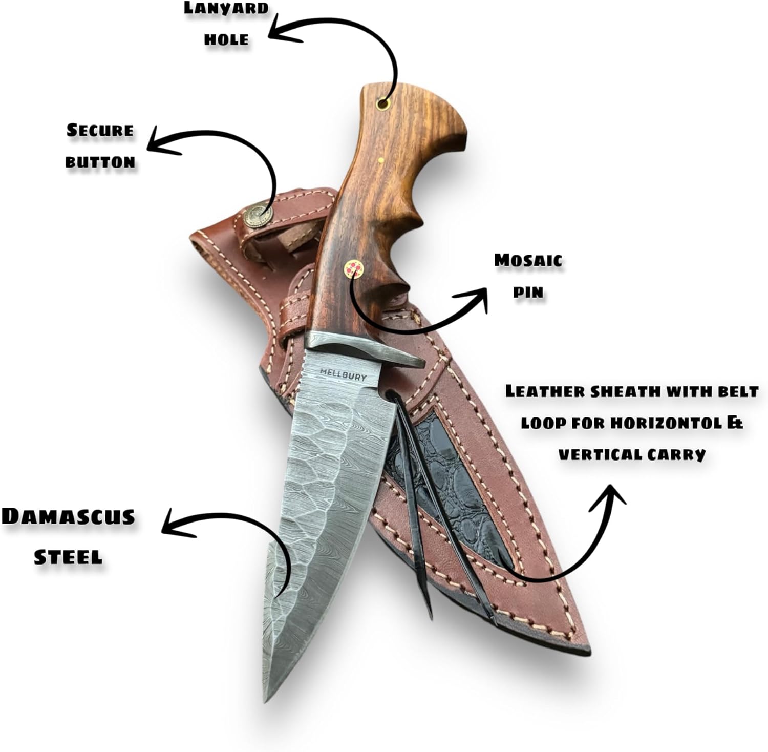 Handmade Damascus Steel Hunting Knife with Leather Sheath. 10" Fixed Blade Tactical Knife for Men - Premium Rosewood Handle with Comfortable Grip best for Hunting and Camping. (Rose Wood)