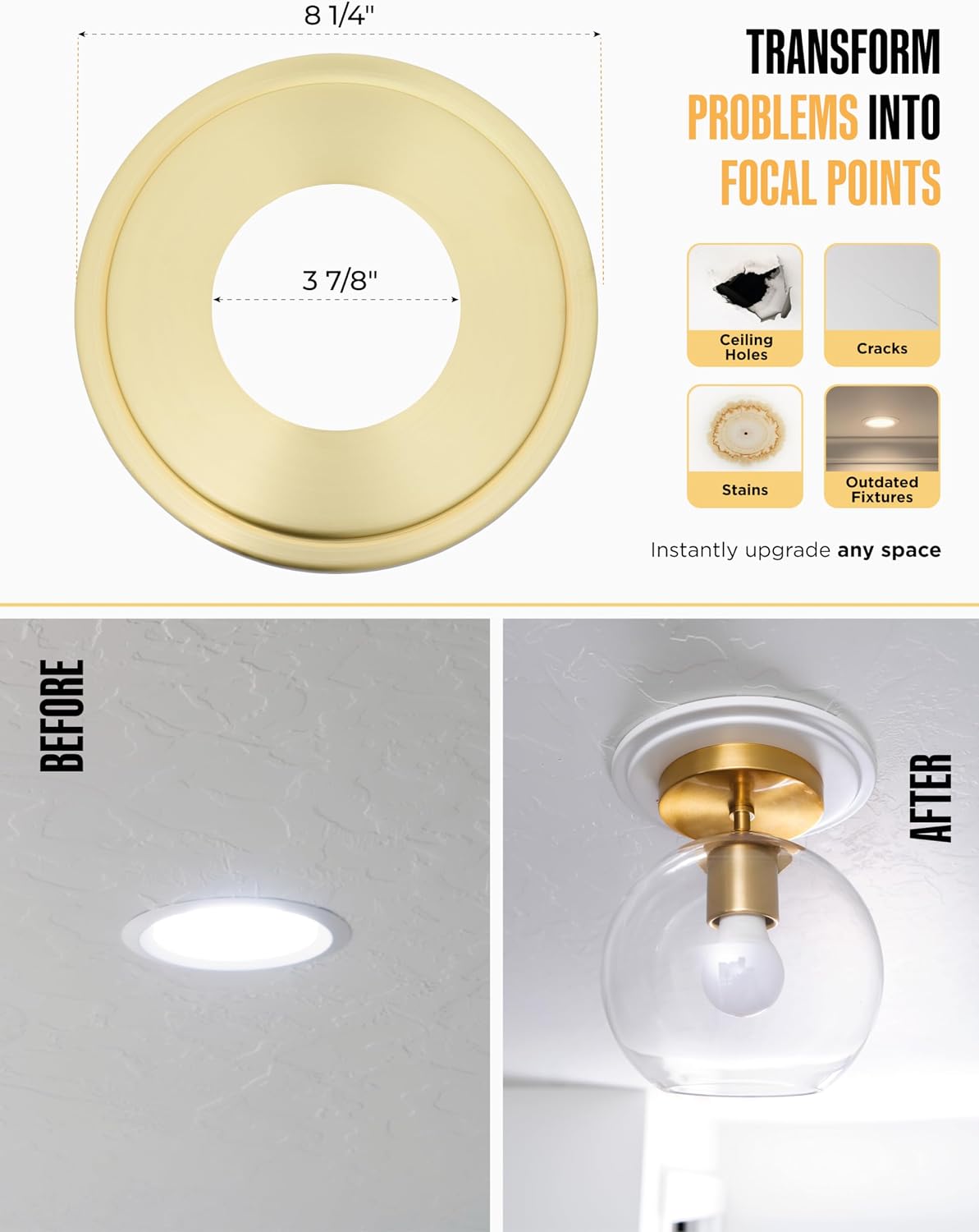 The Can Converter R1 Recessed Can Light Conversion Kit w/ 8¼" Steel Beveled Ceiling Medallion - Home Improvement for 4", 5" & 6" Cans, Fan & Light Fixture Converter Kit, UL Certified, Brushed Brass