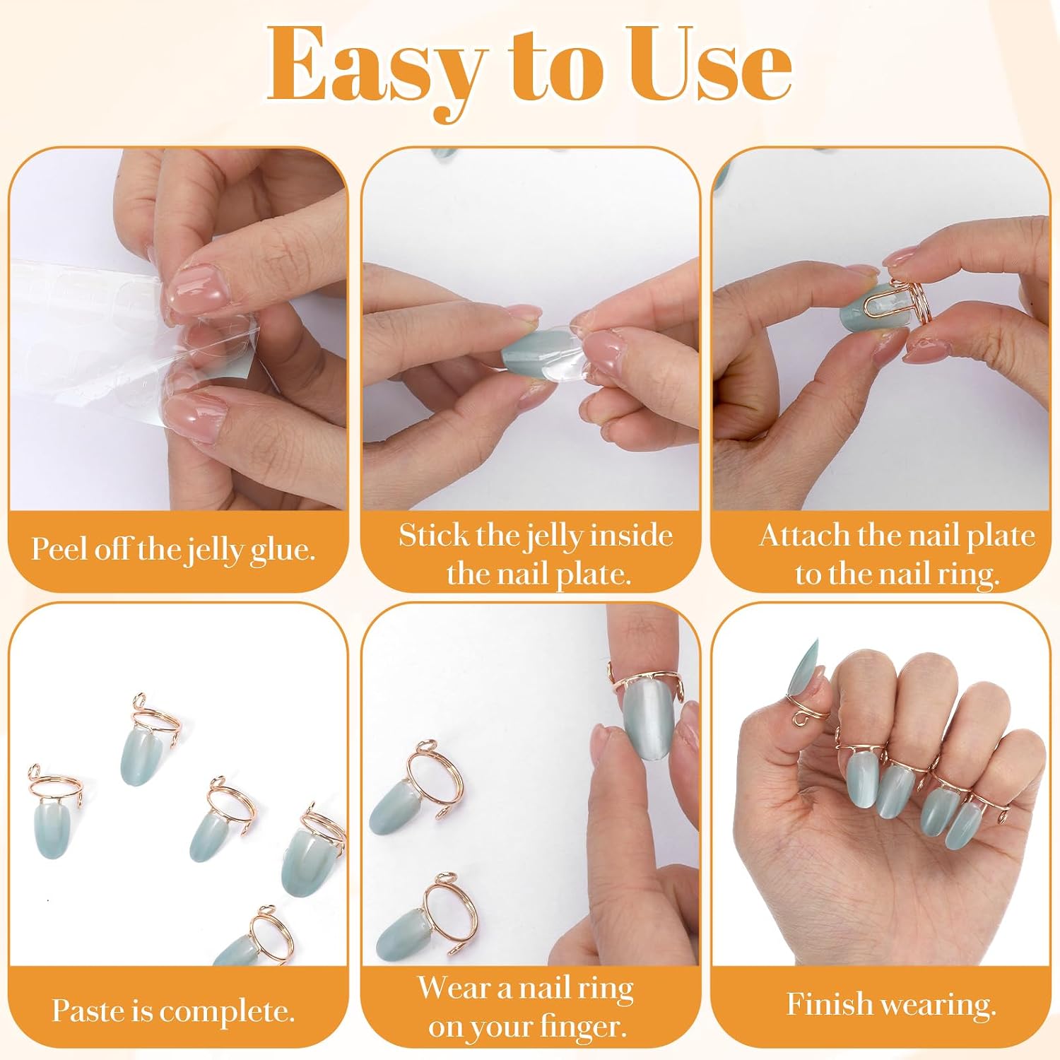 10PCS Gold Wudu Nail Rings Set, Acrylic Nail Art Decoration | Adjustable Reusable Detachable Nail Rings with 120PCS Adhesive Nail Tabs for Muslim Manicure, Women Gift