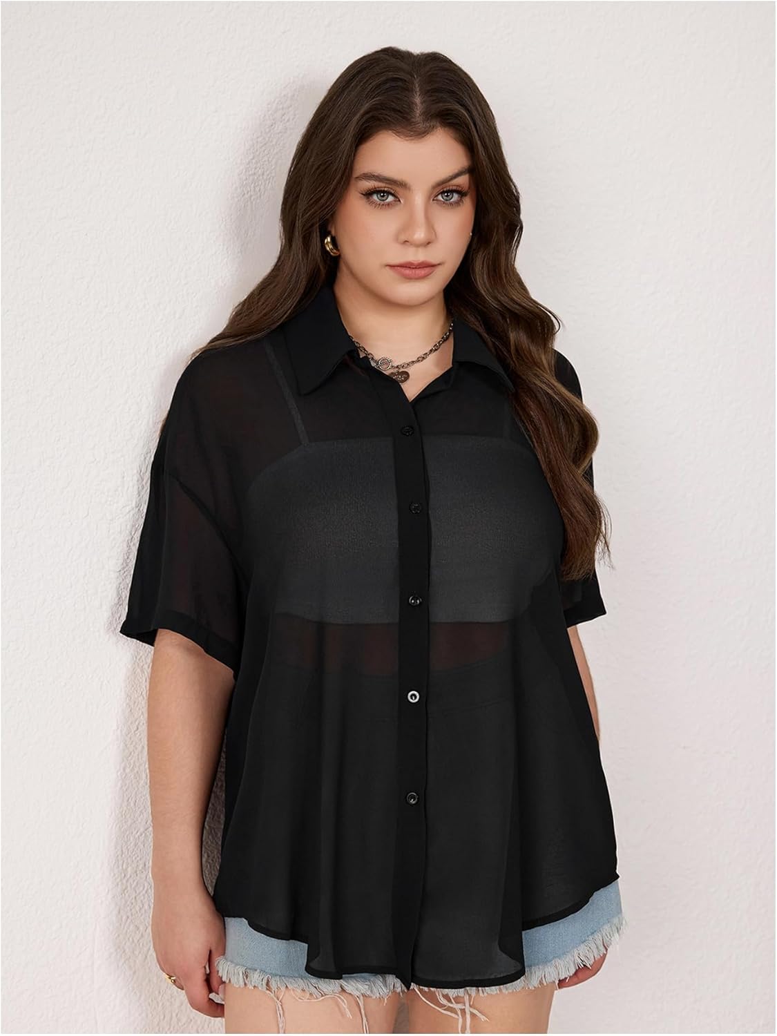 OYOANGLE Women's Plus Size Button Down Sheer Blouse Short Sleeve See Through Collar Mesh Shirts - Image 4
