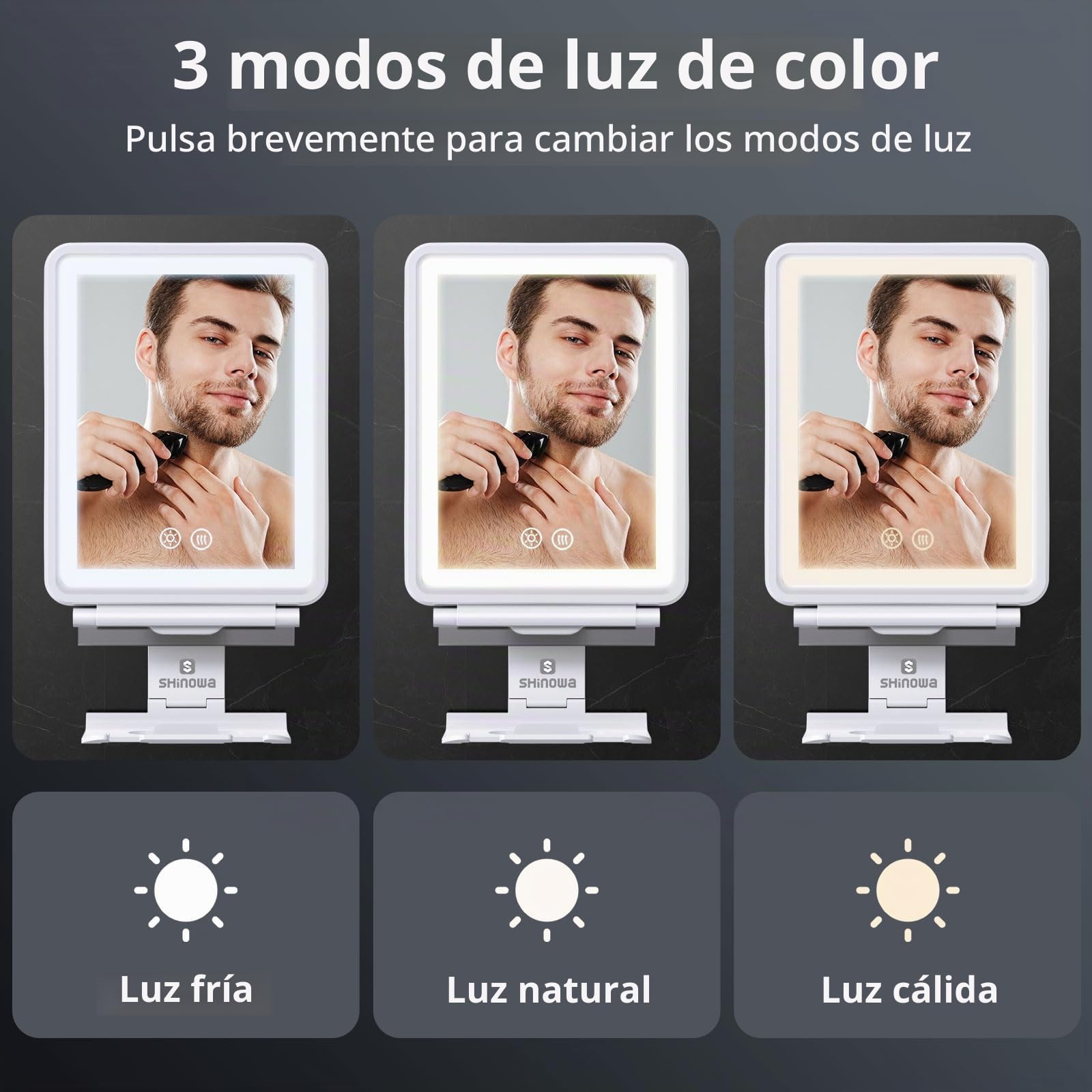 Espejo de Ducha Antivaho Calefactable，Espejo de Afeitar con Luz para Baño | 3 Colores de Luces Regulables, Espejo de Afeitado Recargable sin Niebla con Soporte para Maquinilla para Hombres