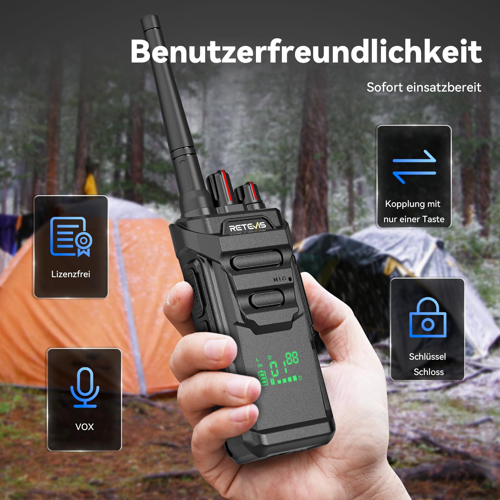 Retevis RT648H Funkgeräte IP67, 3-Fach Geschützt Funkgerät, Integriertes Display, Typ-C/Basisladung, 1500 mAh, Walkie Talkie mit Großer Reichweite für Logistik, Lager (2er-Pack)