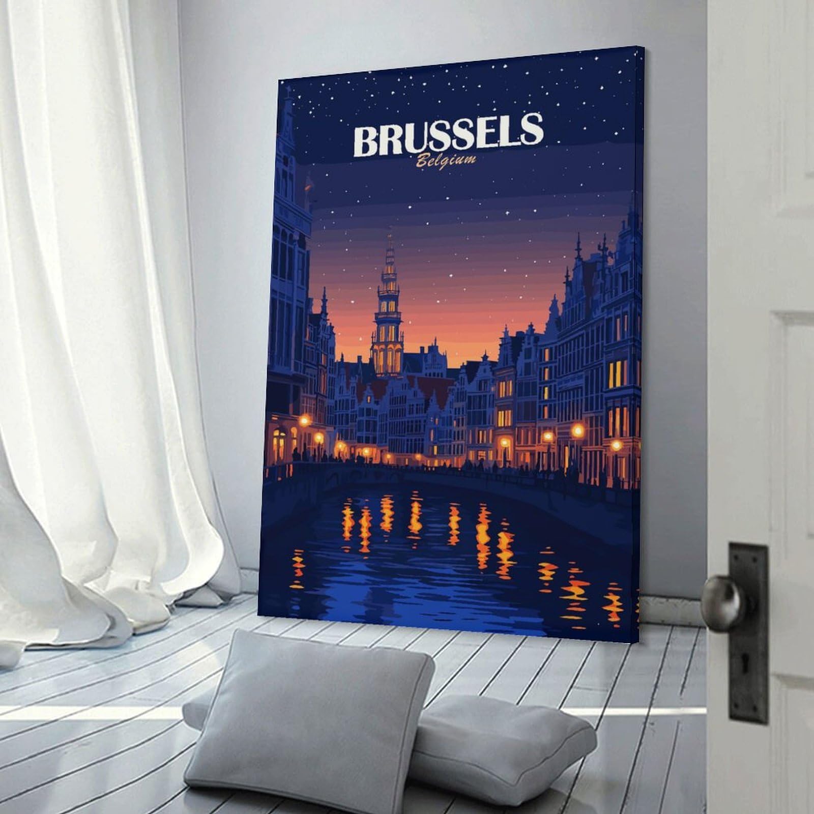 Junmoney Brussels Belgium Night Cityscape Art Canvas Art Print, 20x30inch(50x75cm), for Bedrooms, Workspaces And Everyday Interiors, A Flexible Wall Accent for Shared Spaces