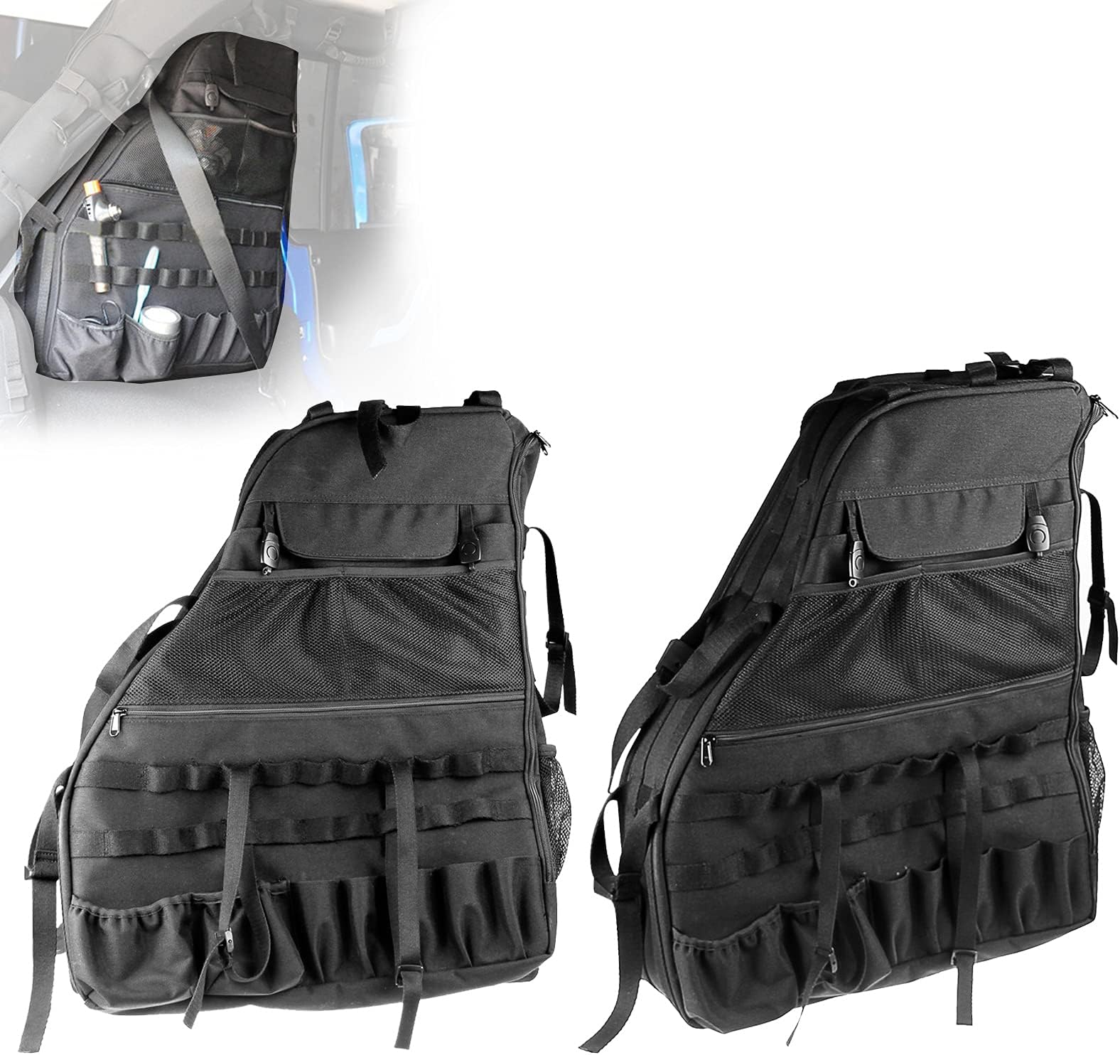 SUNPIE Roll Bar Storage Bag Cage for 2007~2018 J eep Wrangler JKU 4 Doors with Multi-Pockets & Organizers & Cargo Bag Saddlebag Tool Kits Holder-Pack of 2