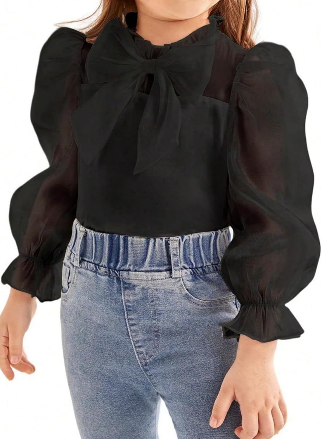 WDIRARA Girl's Bow Front Cute Long Sleeve Blouse Mock Neck Shirt Ruffle Mesh Casual Top Tee