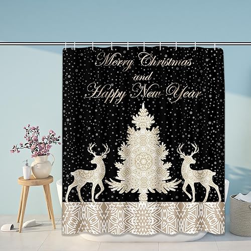 Miniatura 3 de Bayson Juego de cortina de baño de Navidad azul con alfombras, juego de baño con alfombra antideslizante, cubierta para tapa de inodoro, tapete de