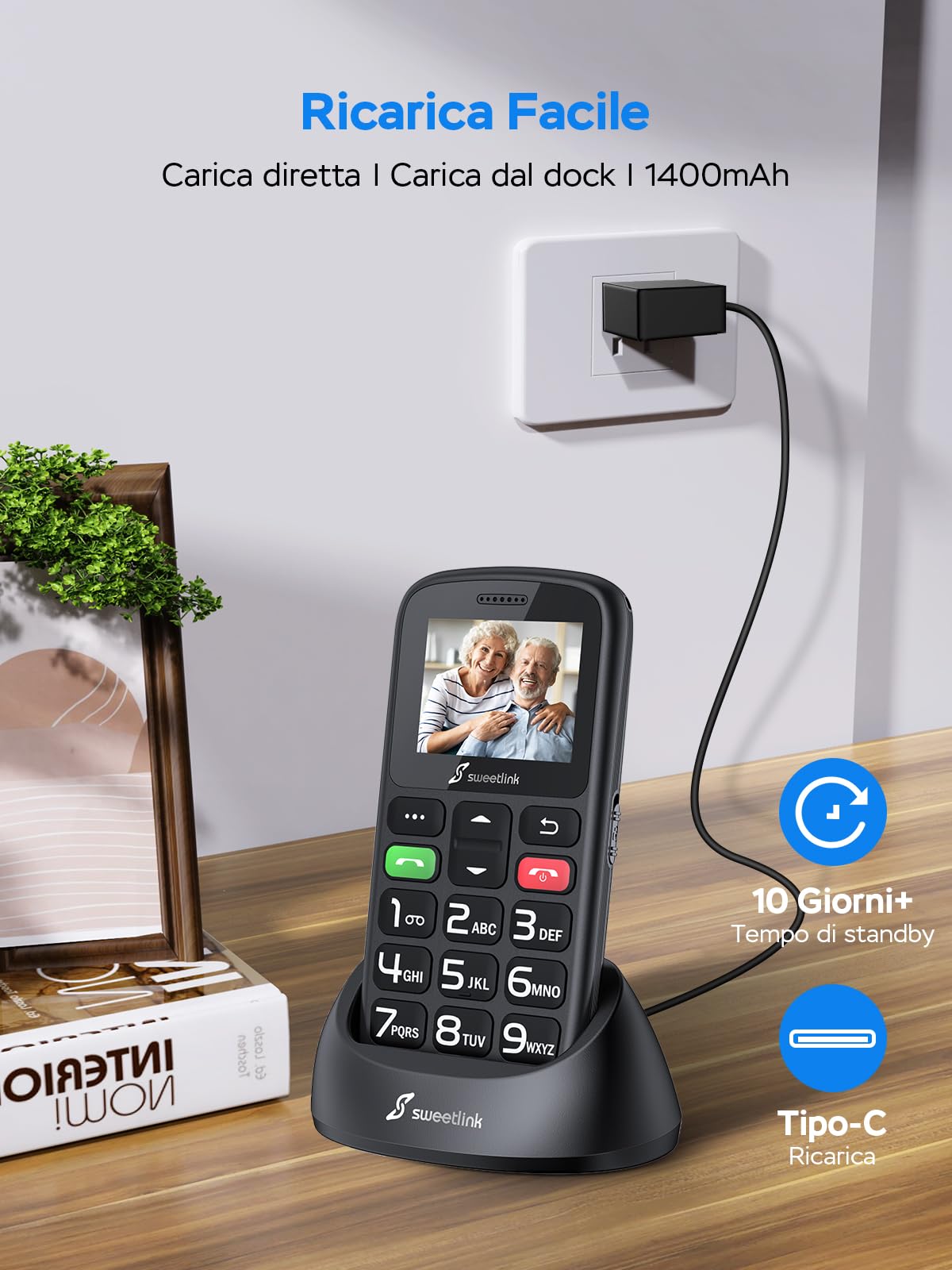 SweetLink 4G Telefono Cellulare per Anziani con Tasti Grandi, Senior Telefoni per Persone Anziane, Base di Ricarica, Funzione SOS, Chiamata Rapida, Volume Alto, Dual Nano SIM, Nero
