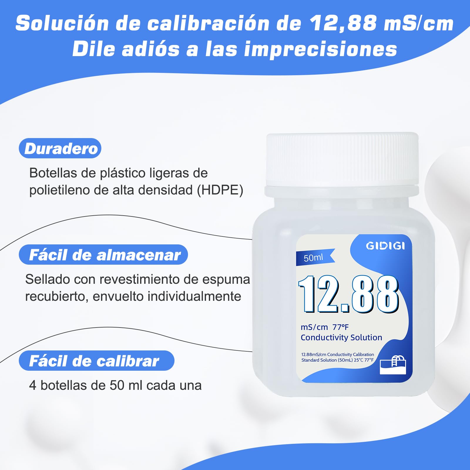Solución de Calibración de CE/TDS (4 x 50 ml) de 12,88 mS/cm | Solución Calibración de Conductividad 12880 μS/cm, Para La Calibración de Alta Precisión de Medidores de TDS, CE y Salinidad
