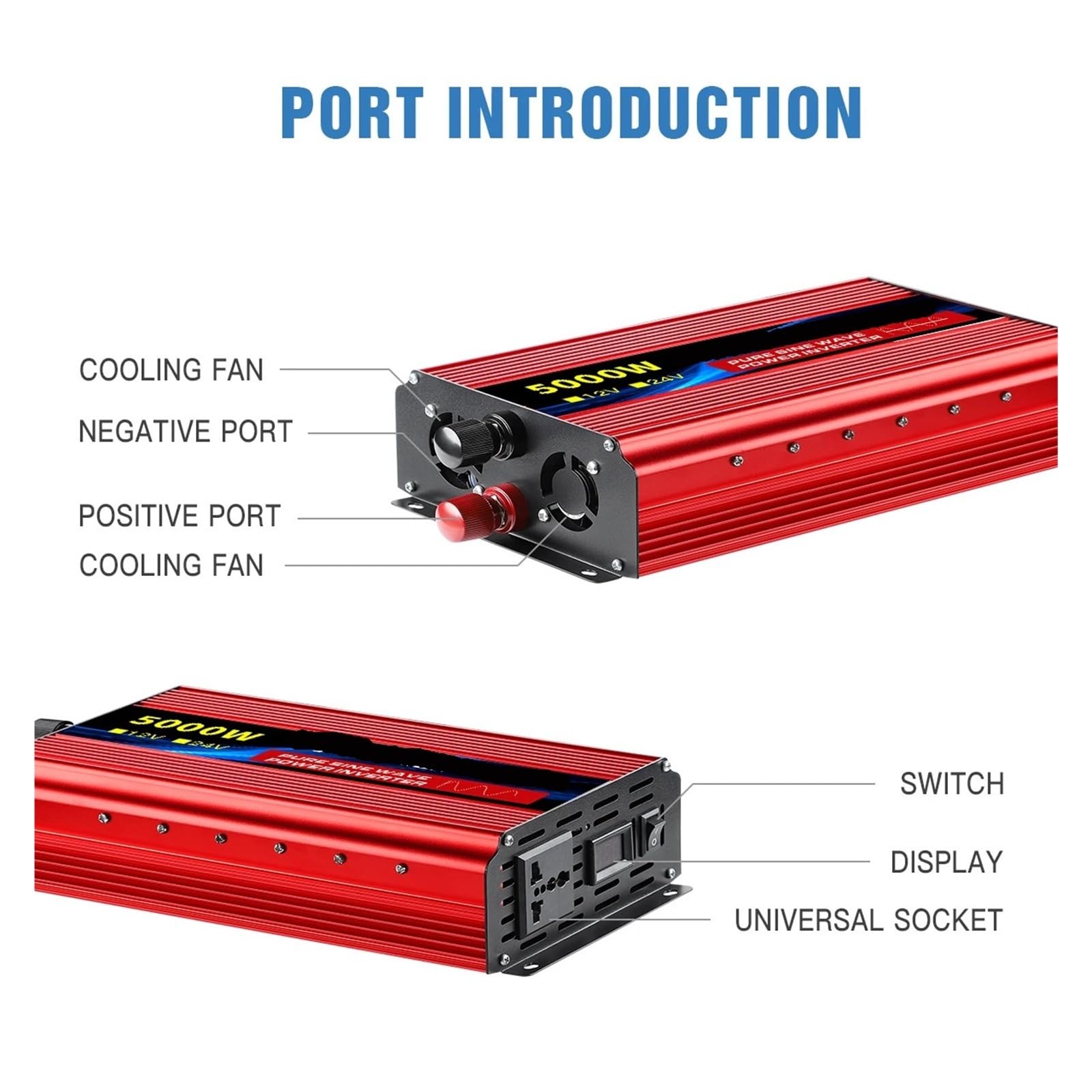 Falownik mocy, Przetwornica napięcia z falą sinusoidalną i portami typu C, 2 gniazda zasilania prądem zmiennym, wyświetlacz LCD(2500W,12V)