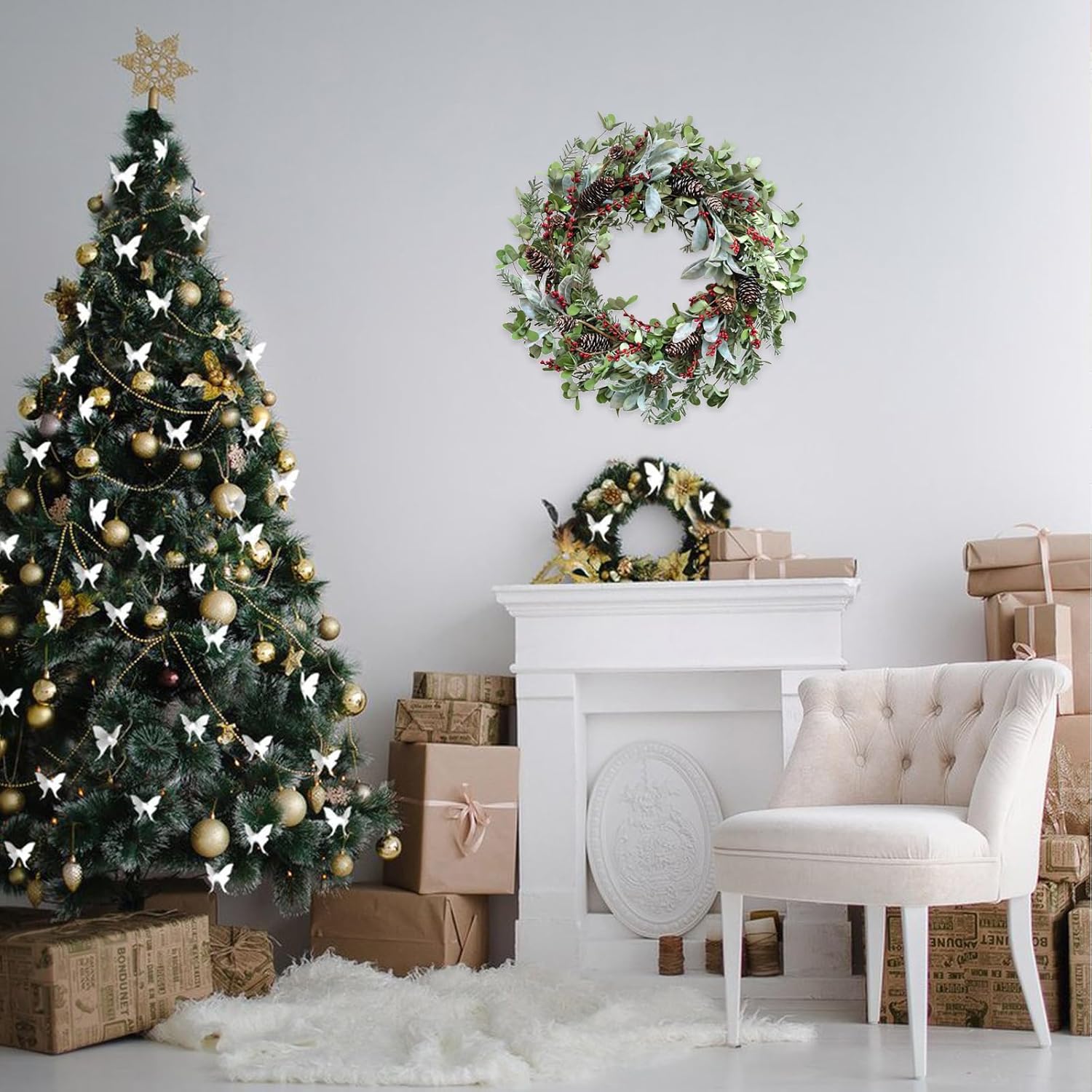 Bibelot 22 Inch Christmas Wreath for Front Door, Xmas Wreath with Lamb Leaves, Pine Cones, Red Berries,Winter Spring Decorations Natural Wreath for Indoor Outdoor Window Wall Festival Home Decor - Image 4