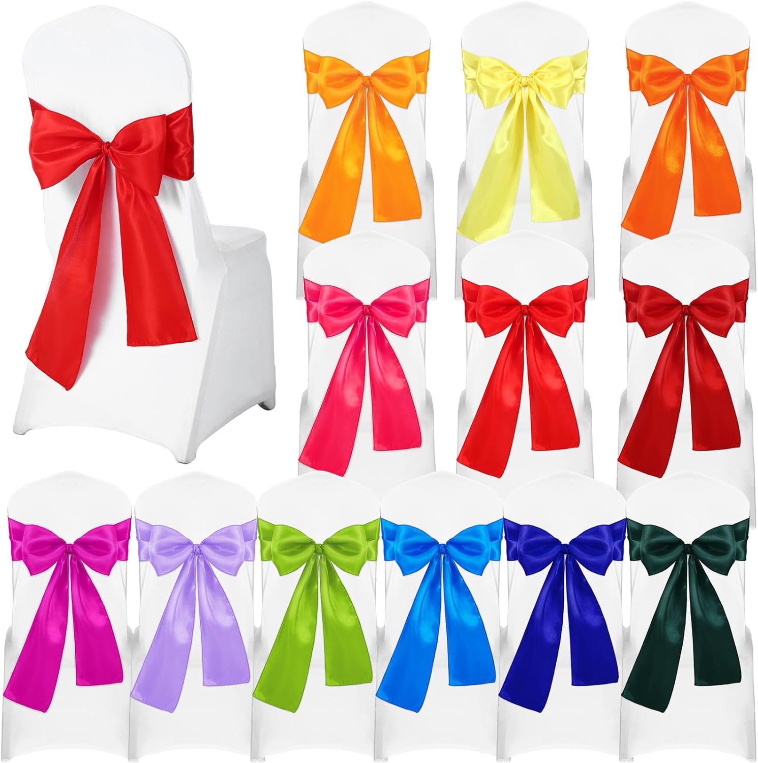 Newwiee 36 Pcs Satin Chair Sashes Bows Assorted Color Elegant Ribbons Ties Back Sash for Wedding Party Banquet Event Chair Cover Decoration, 7 x 108 Inches