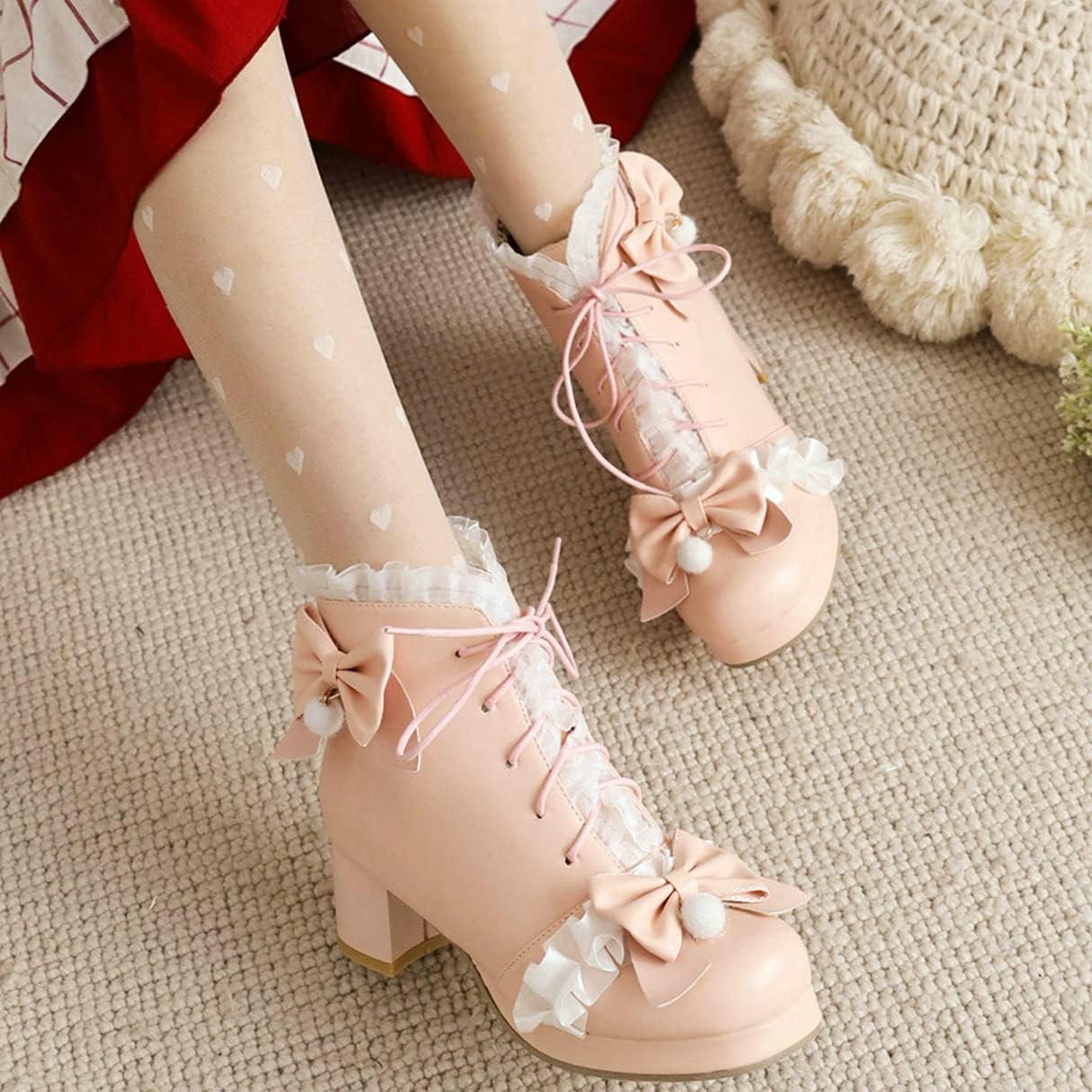 LUXMAX Women Lace Ankle Boots Bow Lolita Cosplay Boots Chunky Heel Platform Lace Up Cute Booties