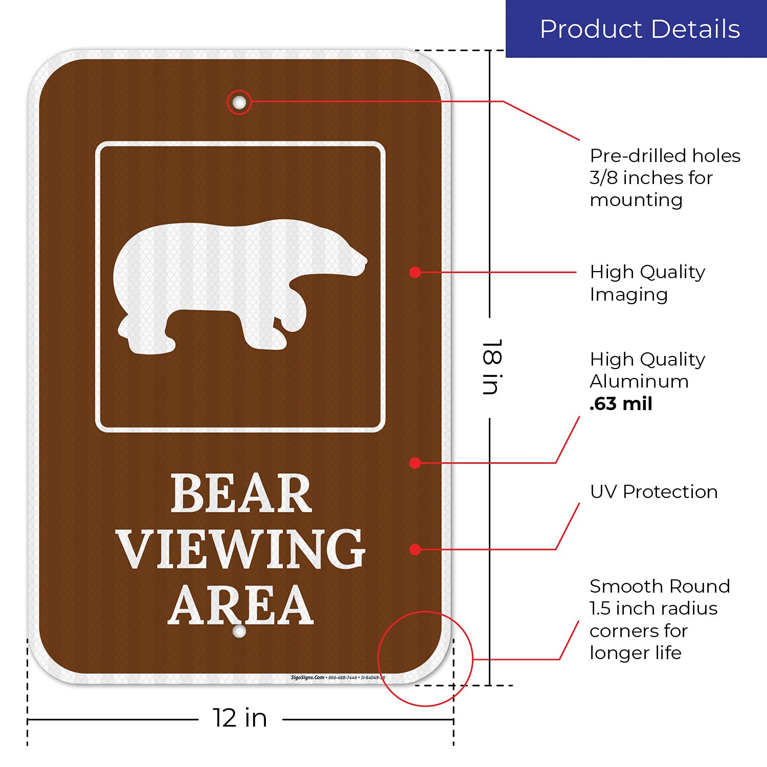 Bear Viewing Area with Graphic Sign, 12x18 Inches, 3M EGP Reflective .063 Aluminum, Fade Resistant, Made in USA