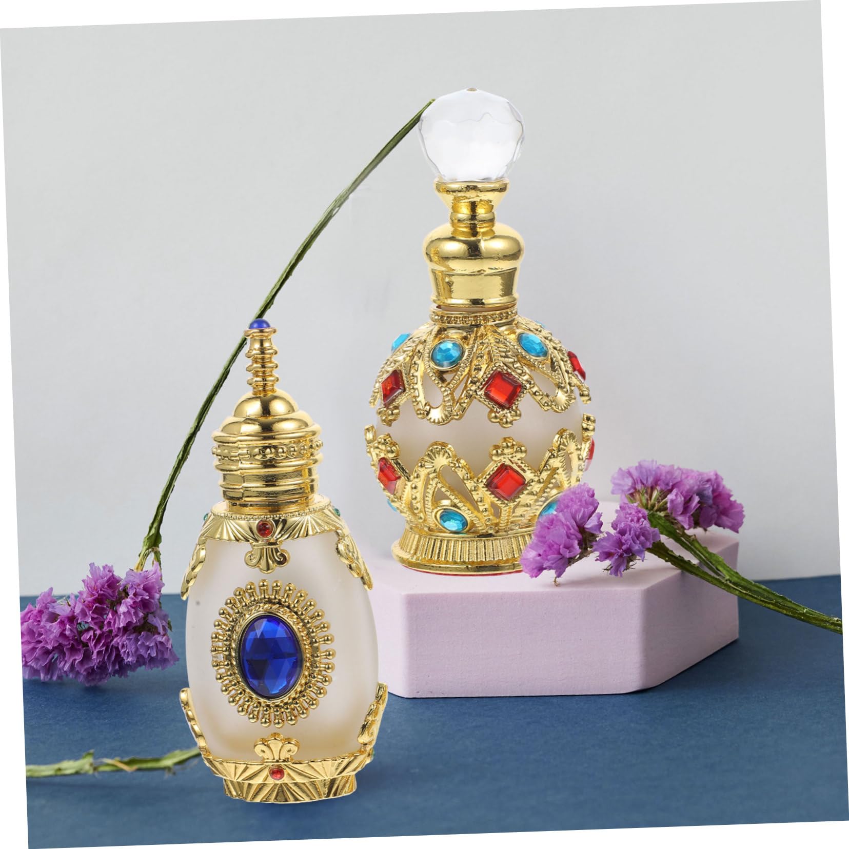 minkissy 4stücke Nachfüllbare Parfümflaschen Aus Kristallglas Vintage Parfümflasche Mit Goldener Kugel Und Blauer Farbsteinflasche Für Reisen Und Ätherische Öle