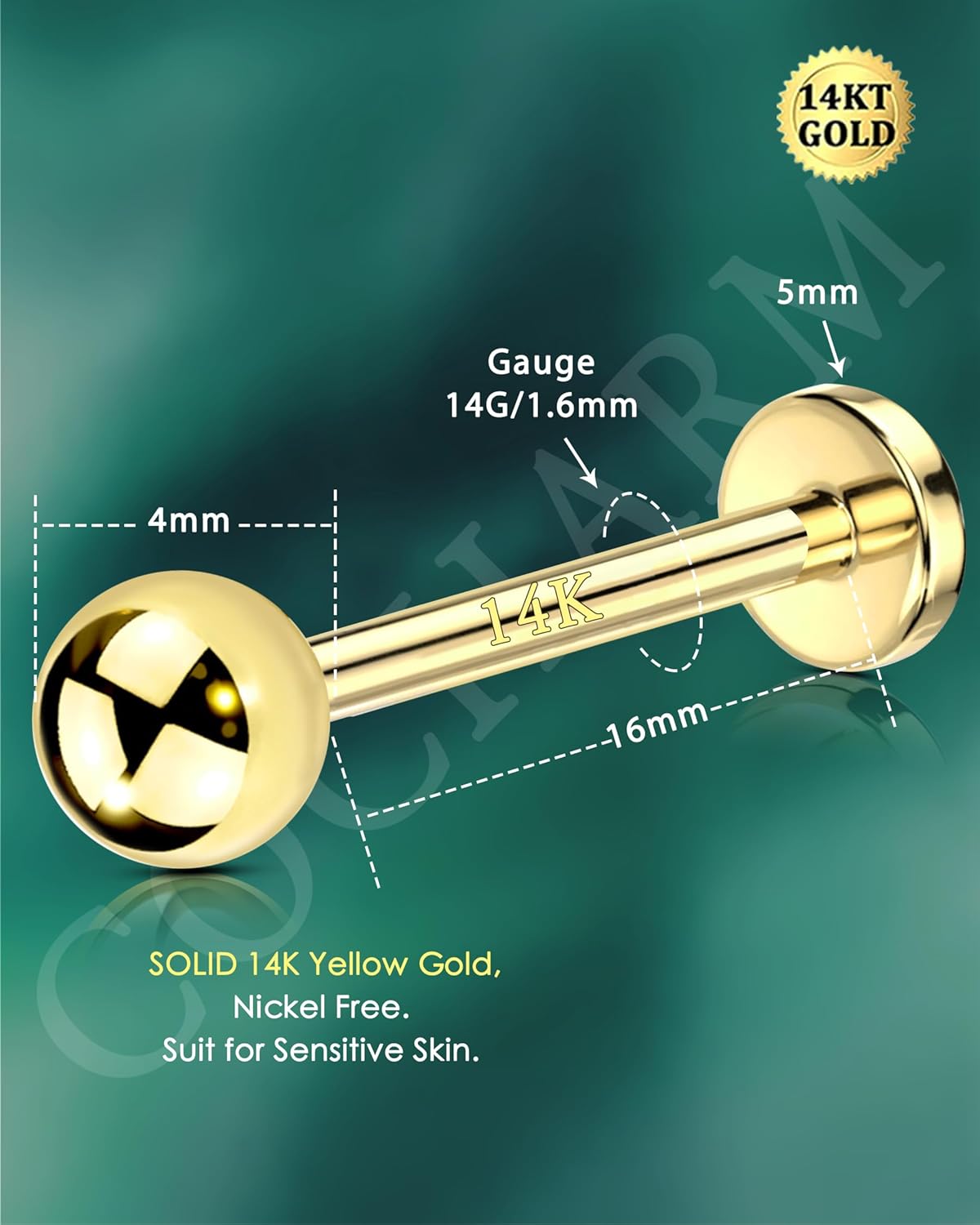 COCHARM 14K Real Gold Tongue Rings 14g 16mm Solid/Yellow Gold Tongue Barbell for Women Men Nickel Free