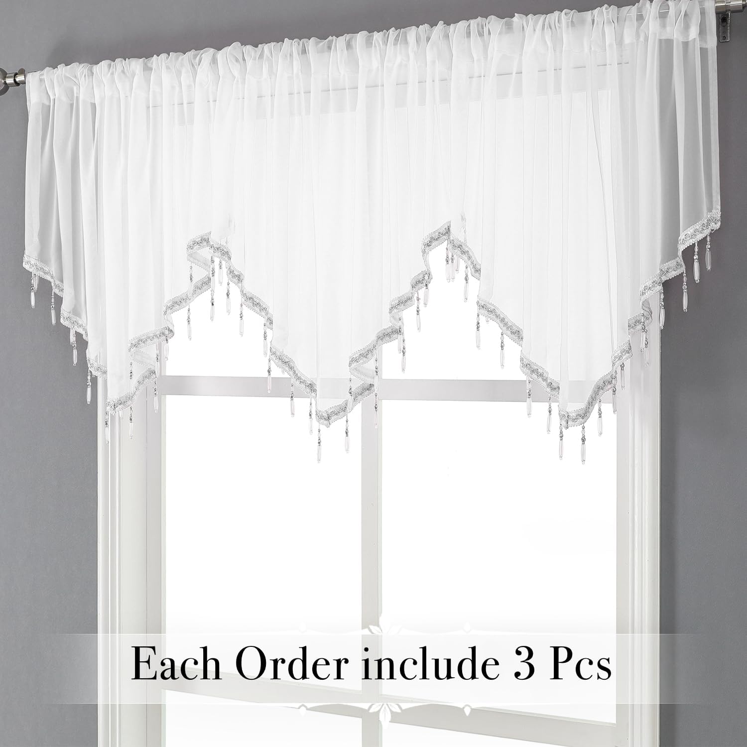 WUBODTI White Sheer Valances for Living Room Windows, Triangle Boho Crystal Beaded Curtains Kitchen Lace Swag Curtain Valance Window Treatments for Bedroom Bathroom Door Decor,3PCs, Each W51 x L24