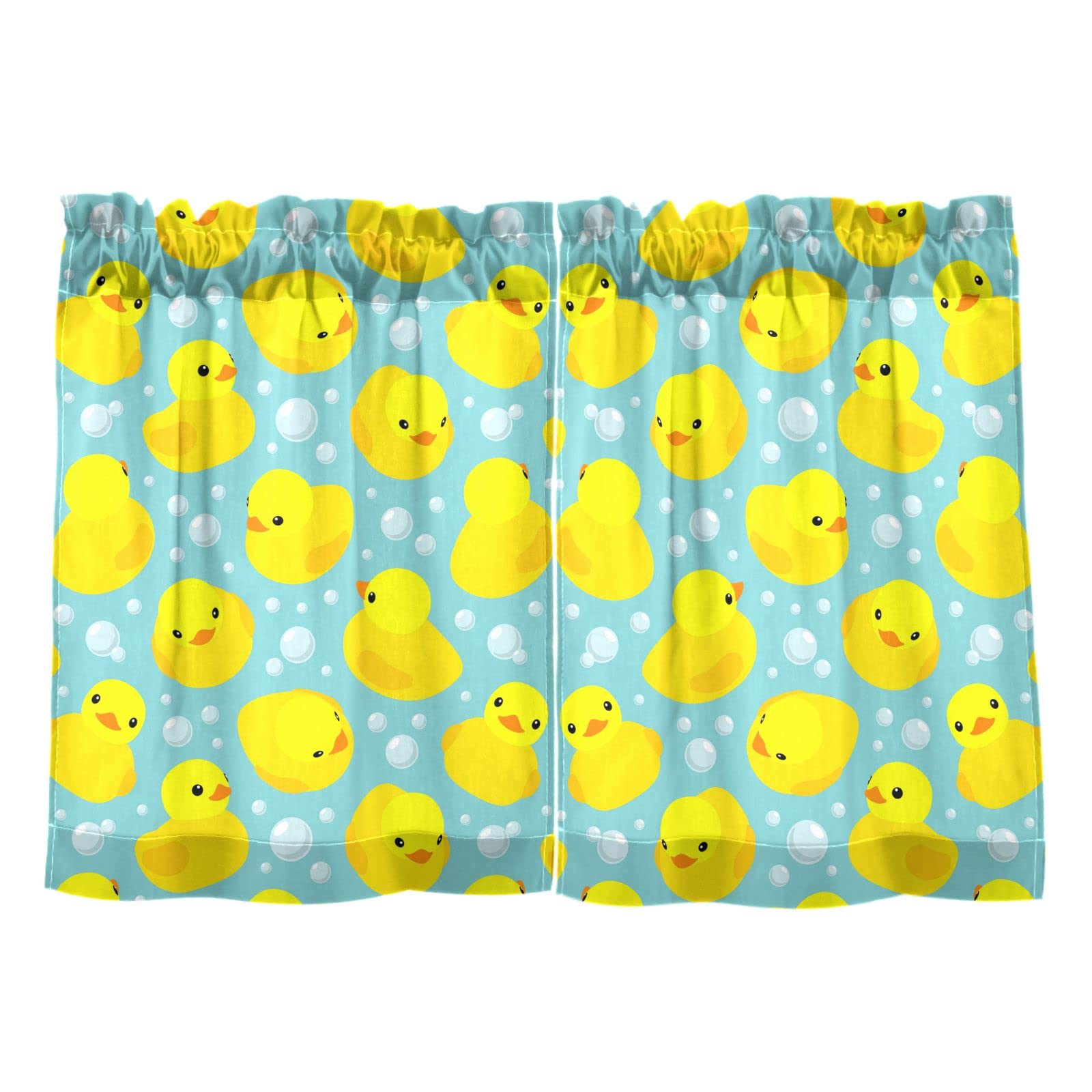 Poeticcity Multi 12 Seamless Pattern With Yellow Rubber Ducks Bubbles 2 Panels Kitchen Small Window Curtains, Tier Curtains Rod Pocket Half Short Curtains Blackout Cafe Drapes Symmetrical 27X24 In