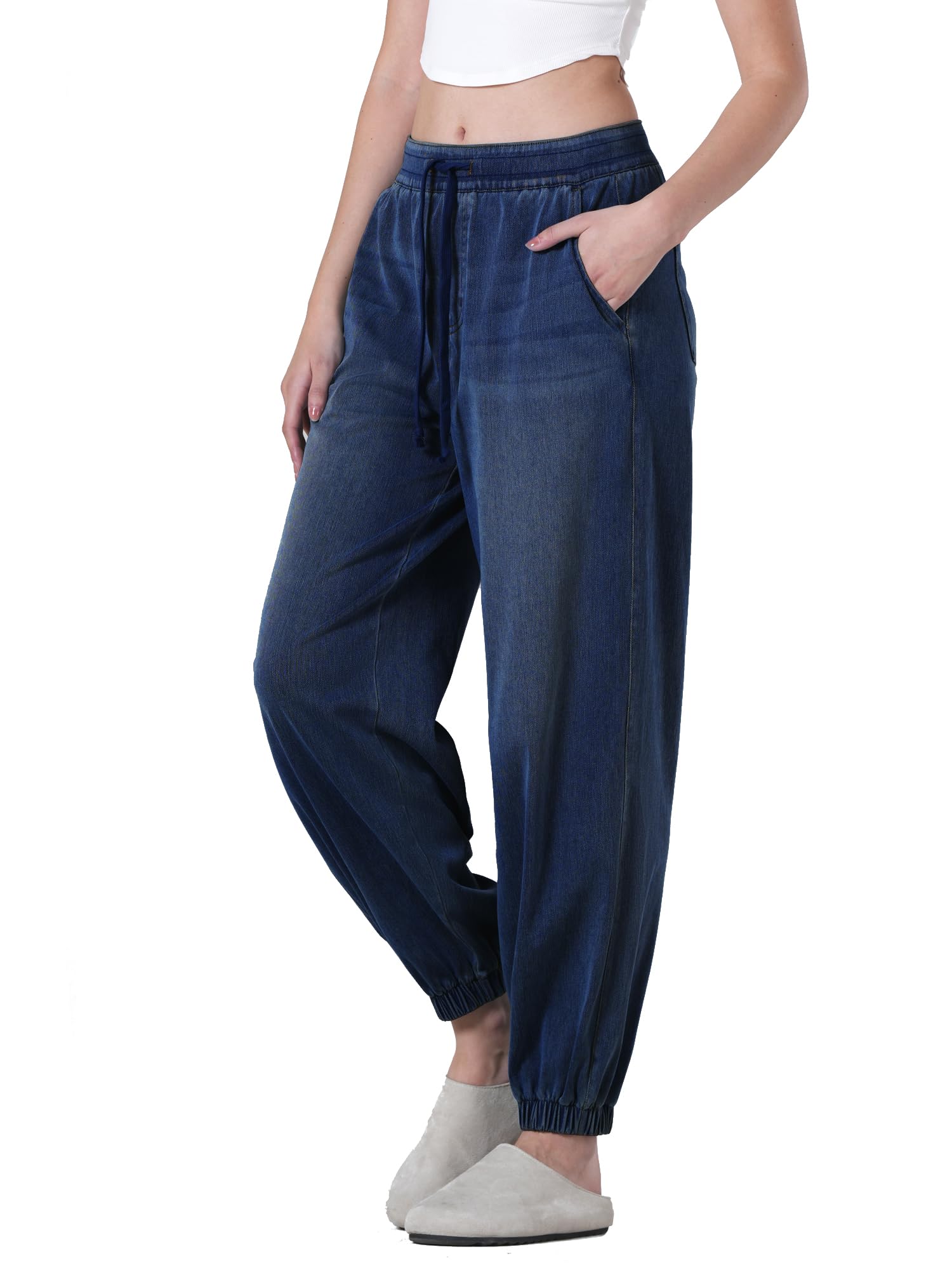 LaiEr Pantalones Mujer Modello harén Vaqueros con Vuelta en los Bajos,cordón Ajustable y elástico, Corte cónico Yoga Pantalones,Jogger Vaqueros Estilo Informal y Holgado,Tejido Denim elástico y Suave