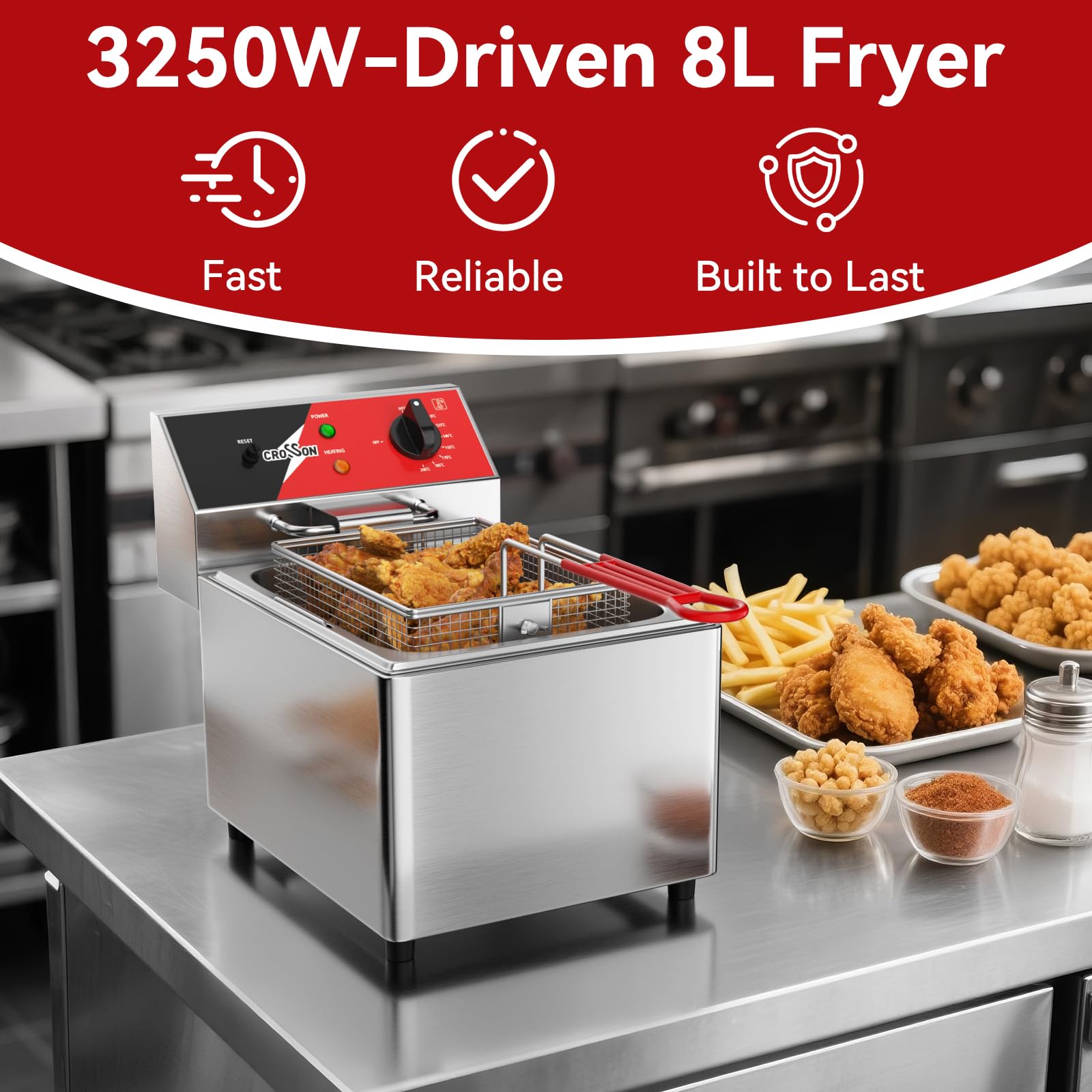 CROSSON 8L Professionelle Elektrische Fritteuse,3250W Kommerzielle Elektrische Fritteuse aus Edelstahl mit Korb, Temperaturkontrolle 80-200°C Schnelles Erhitzen für Restaurant und Zuhause