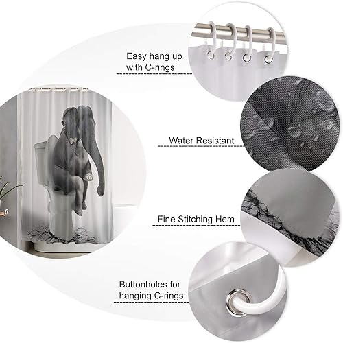 Miniatura 5 de Pinroote Cortina de ducha de elefante divertida para baño, bañera, moderna pintura al óleo en blanco y negro, con 12 ganchos, 54 x 78 pulgadas