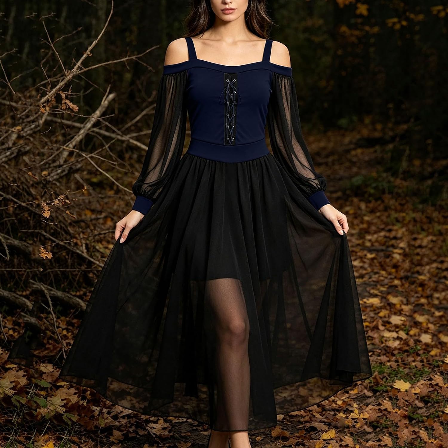 Women's Gothic Witch Renaissance Mesh Long Sleeve Halloween Dress | Women Witch Dress Halloween Costumes Women Renaissance Medieval Vampire Long Sleeve Mesh Gothic Outfit Cold Shoulder Dress
