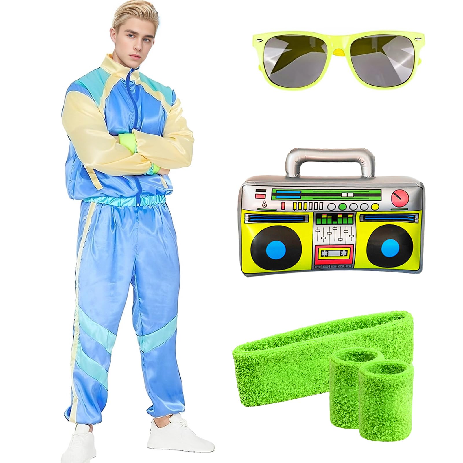 80s 90s Fancy Dress Costume Men Women Adults, Shell Suit Rave Tracksuit Outfit Retro Jacket Hip Hop Rapper Disco Neon Accessories Carnival Halloween Party (Blue, 2XL)