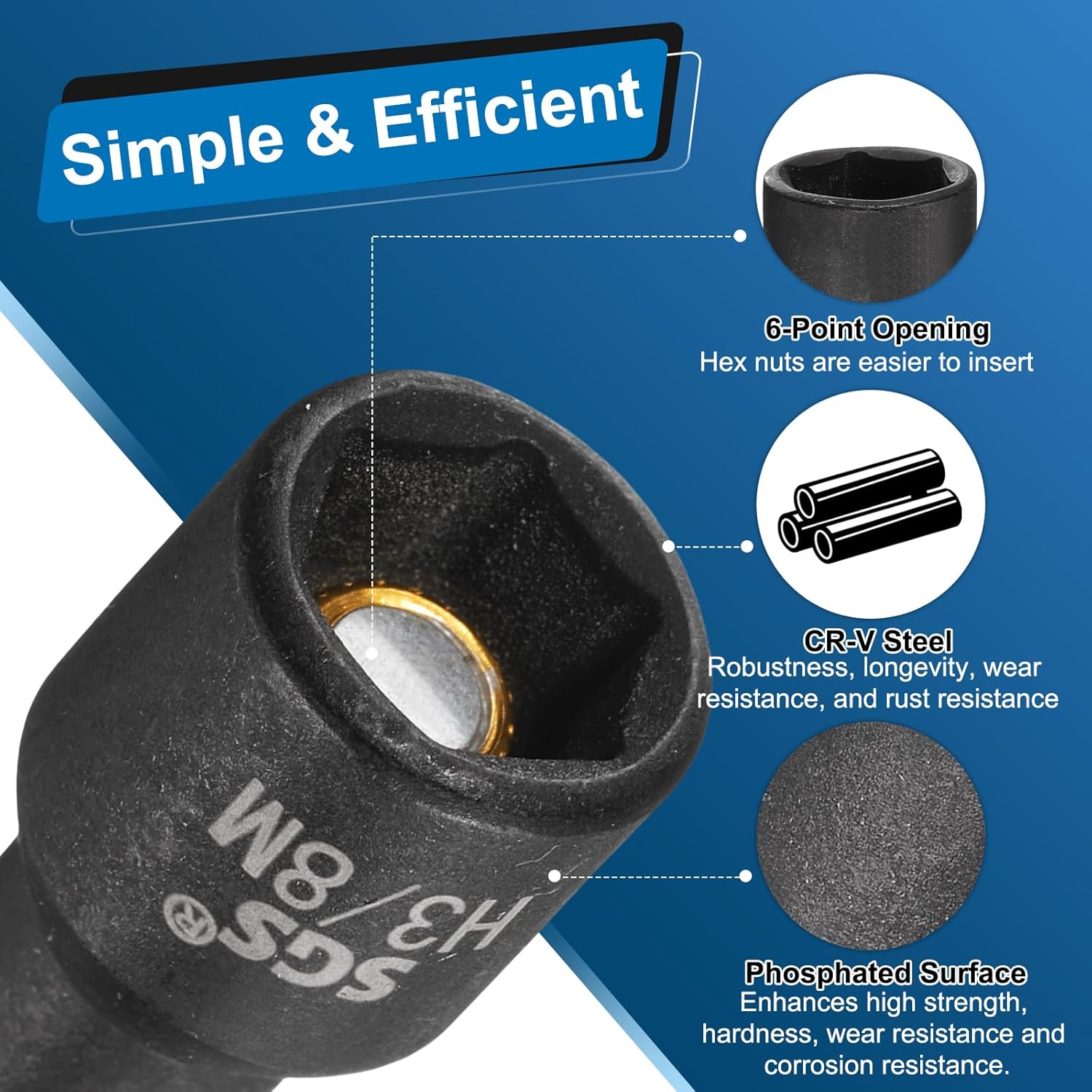 HARFINGTON 3pcs Nut Driver Drill Bit 3/8 Inch SAE Socket 1/4" Hex Shank 6" (150mm) Long Magnetic 6-Point Sockets Quick Change CR-V Steel Bolt Setters for Power Drill Drivers