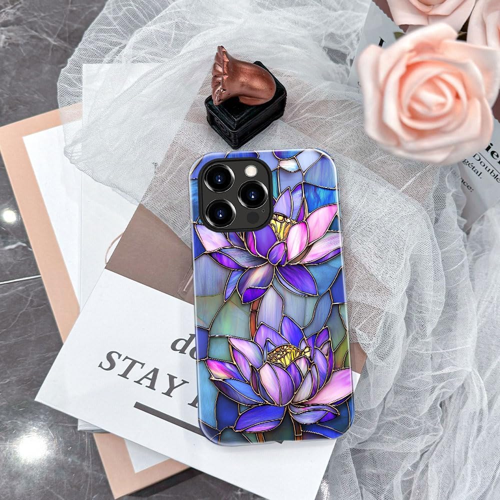 DAIZAG Case Compatible with iPhone 15 Pro Max,Glossy Durable Shock Protection Cover for Girl Women,Stained Glass Purple Lotus Flowers - Image 6
