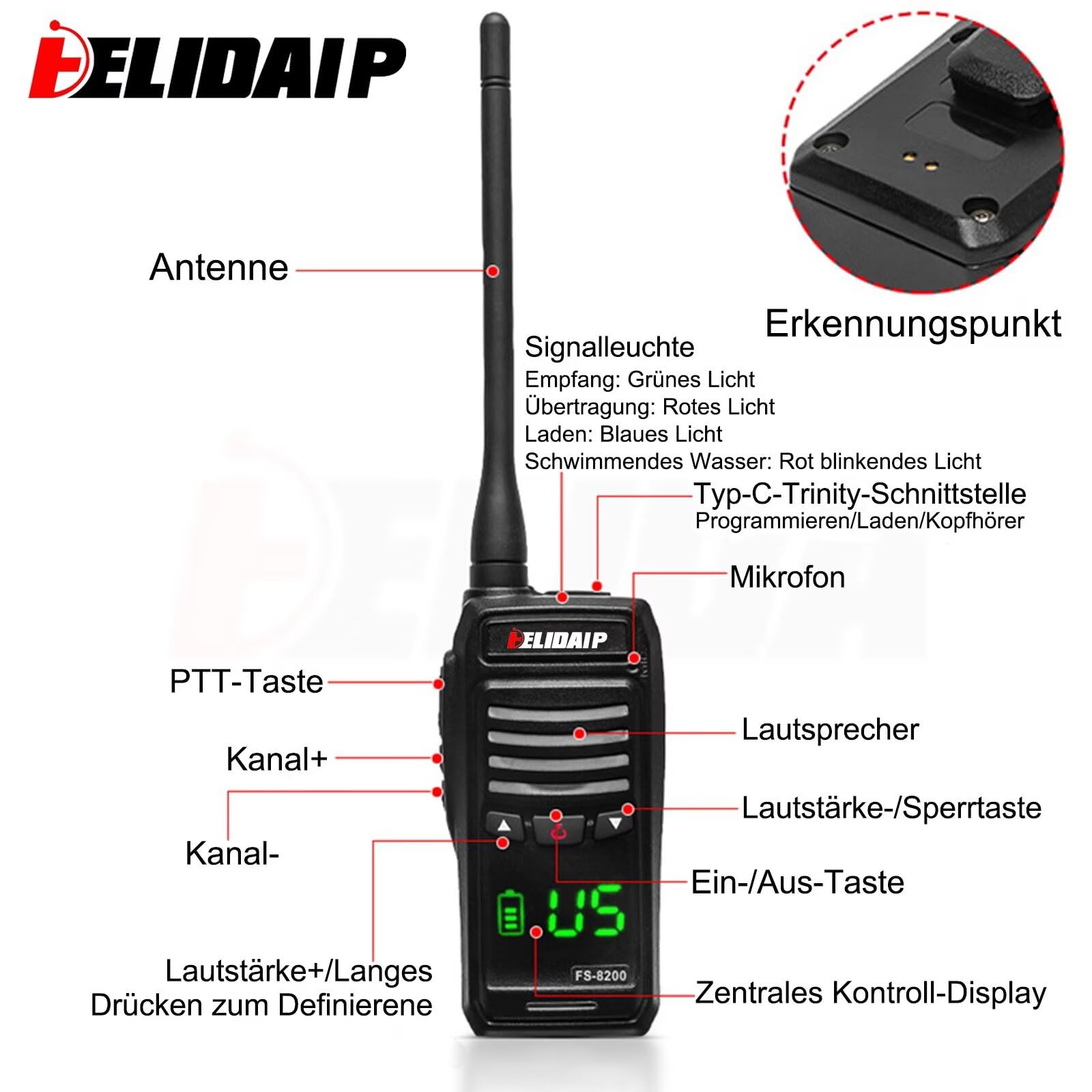 FS-8200 VHF Funkgerät IP68 Wasserdicht Walkie Talkie Schwimmende | 2500mAh Wiederaufladbar USB-C, 128 Kanäle, 5W Handfunkgerät für Bootfahren Angeln Kajakfahren Outdoor(Schwarz, 1 Stück)