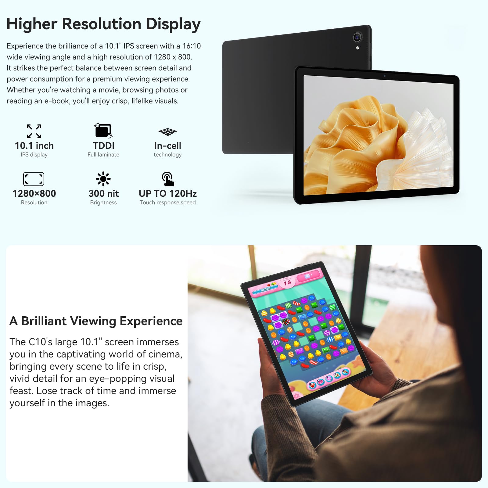 Whitedeer Android Tablet 10 Zoll - Android 15 Octa Core Gaming Tablet mit 20GB+64GB+1TB TF, Tablet PC mit OTG-Übertragung und Wi-Fi 6G, Widevine L1,5000mAh - Schwarz