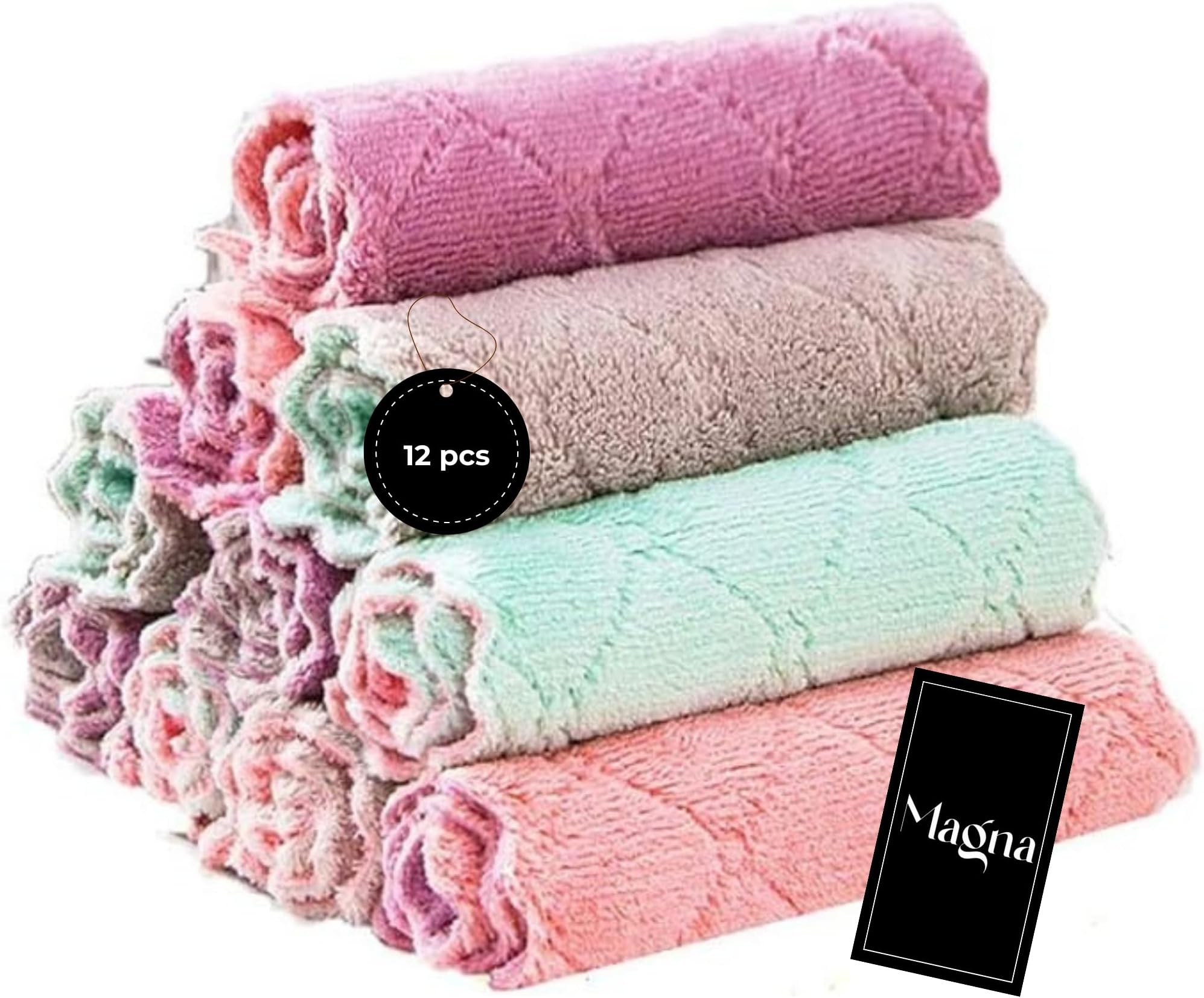 MAGNA 12 Pack Kitchen Cloth Dish Towels for Kitchen - 16x13cm Premium Dishcloths, Microfiber Cleaning Cloth, Super Absorbent Coral Velvet Dishtowels - Soft and Quick Dry Multi Purposes Kitchen Towel