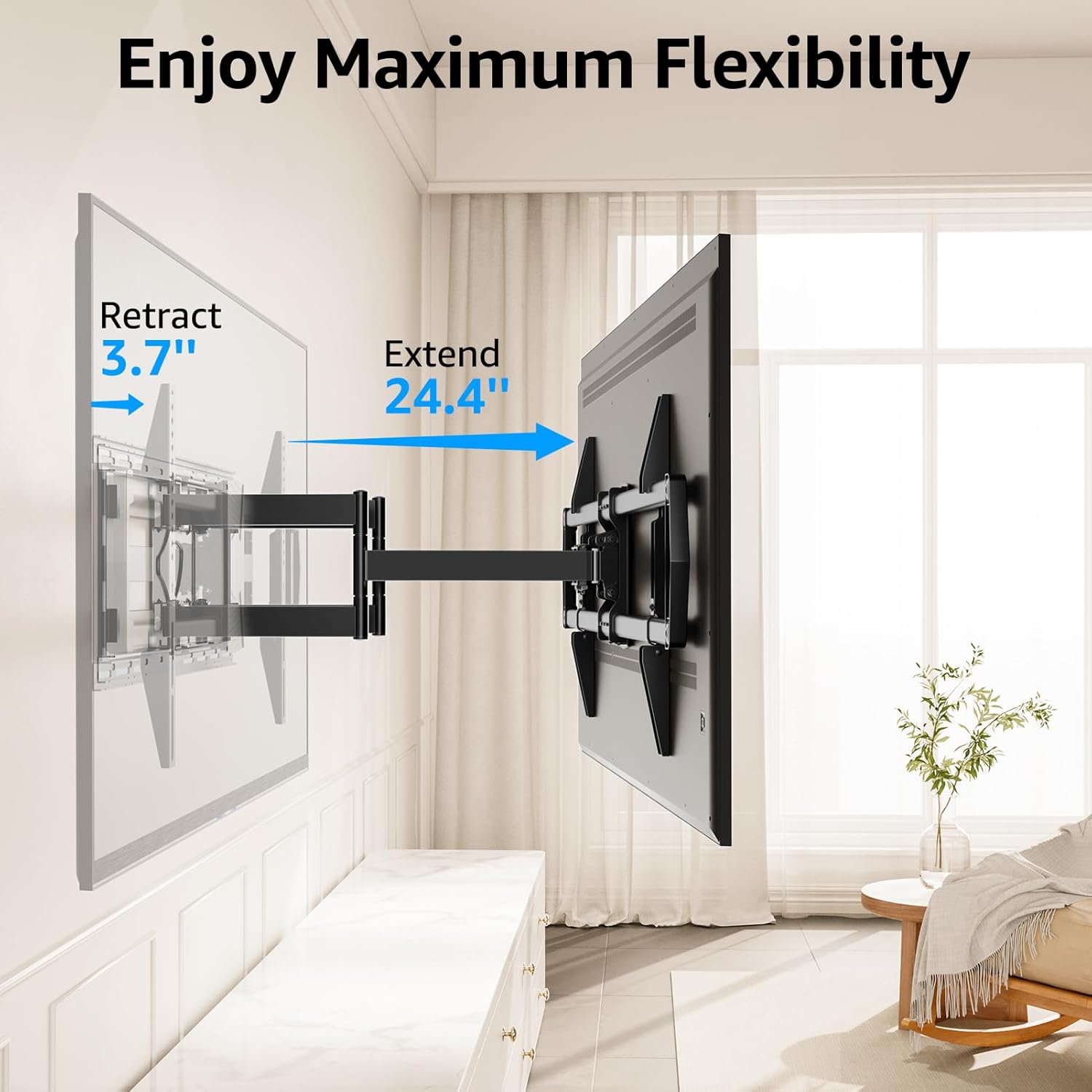 Diagram showing TV mount extending and retracting