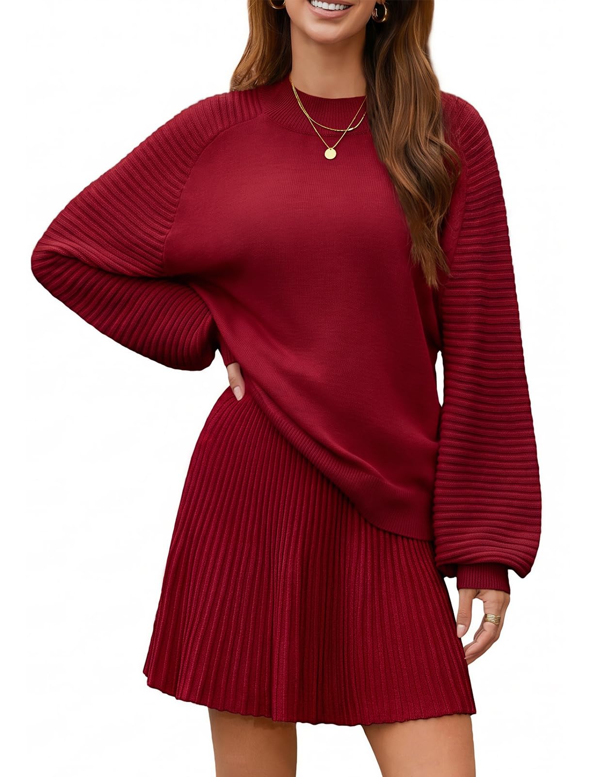 Zweiteiler Damen Strick Pullover Sets Herbst | Strickpullover Top A-Linie Minirock Set , Oberteil Langarm, Hohe Taille Kurz Rock, Loungewear Set, Hausanzug, Herbst, Winter