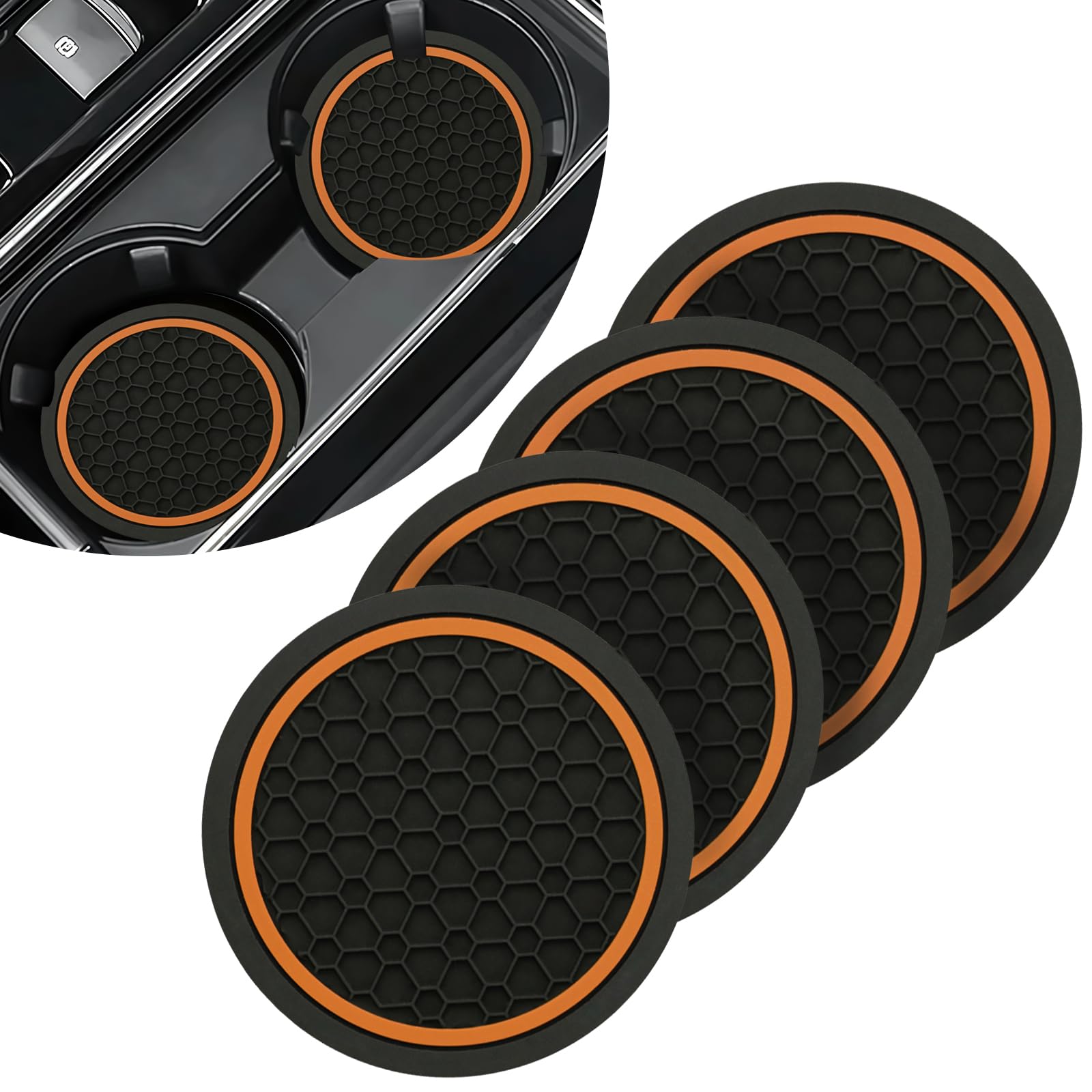 Vagcars Blackorange Car Cup Holder Coaster, 4Pcs Anti-Slip Shockproof Car Coasters For Cup Holders, 2.76" Insert Water Bottle Holder Pads, Anti Dust Mats, Universal Caraccessories Interior For Most Vehicles (Blackorange)