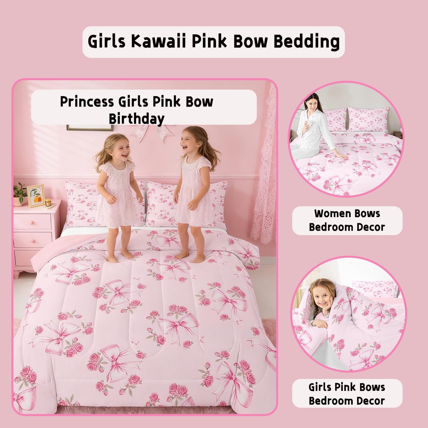 Feelyou Pink Flower Bow Bedding Set Soft for Boys Girls, Cute Floral Bowknot Comforter Set Twin Size Princess Bow-Tie Duvet Quilt Microfiber Bedroom Decor 2 Pcs with 1 Pillow Cases