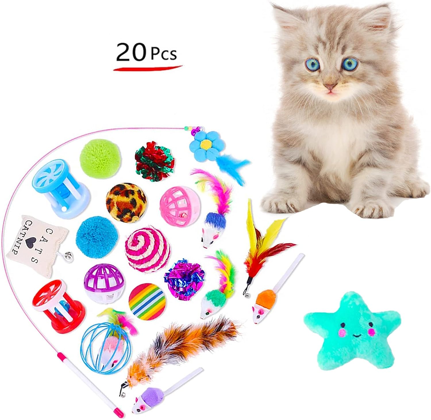 20 Pcs Cat Toys Kitten Toys, 3 Way Cat Tunnel Catnip Feather Teaser, Interactive Feather Toy Crinkle Balls for Cat, Puppy, Kitty, Kitten Supplies