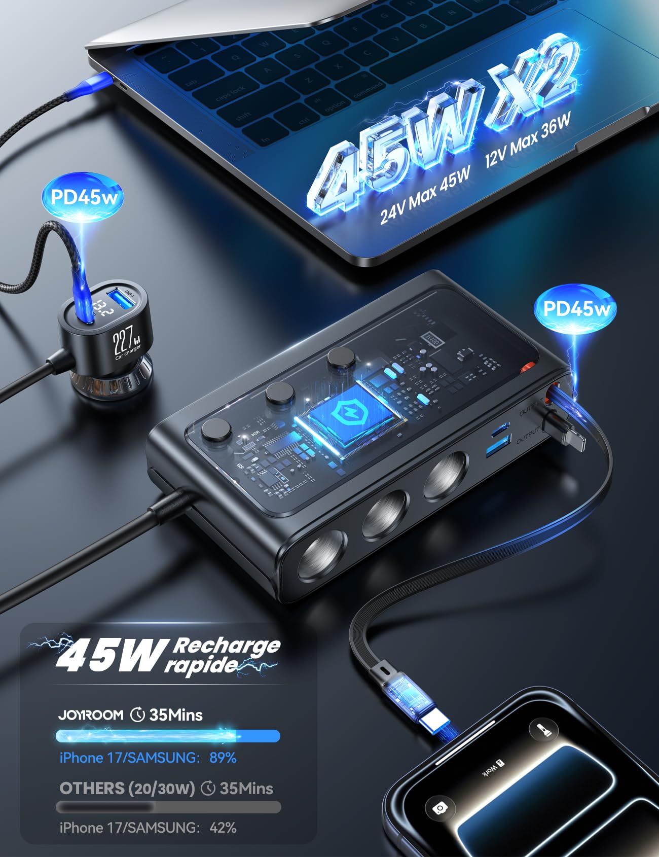 JOYROOM 9-en-1 Adaptateur Allume-Cigare 227W, avec 80cm rétractable 45W câble de charge rapide Type-C et Lightning, 12V/24V Prise Allume Cigare USB, Affichage du Tension par LED pour iPhone 17/Samsung
