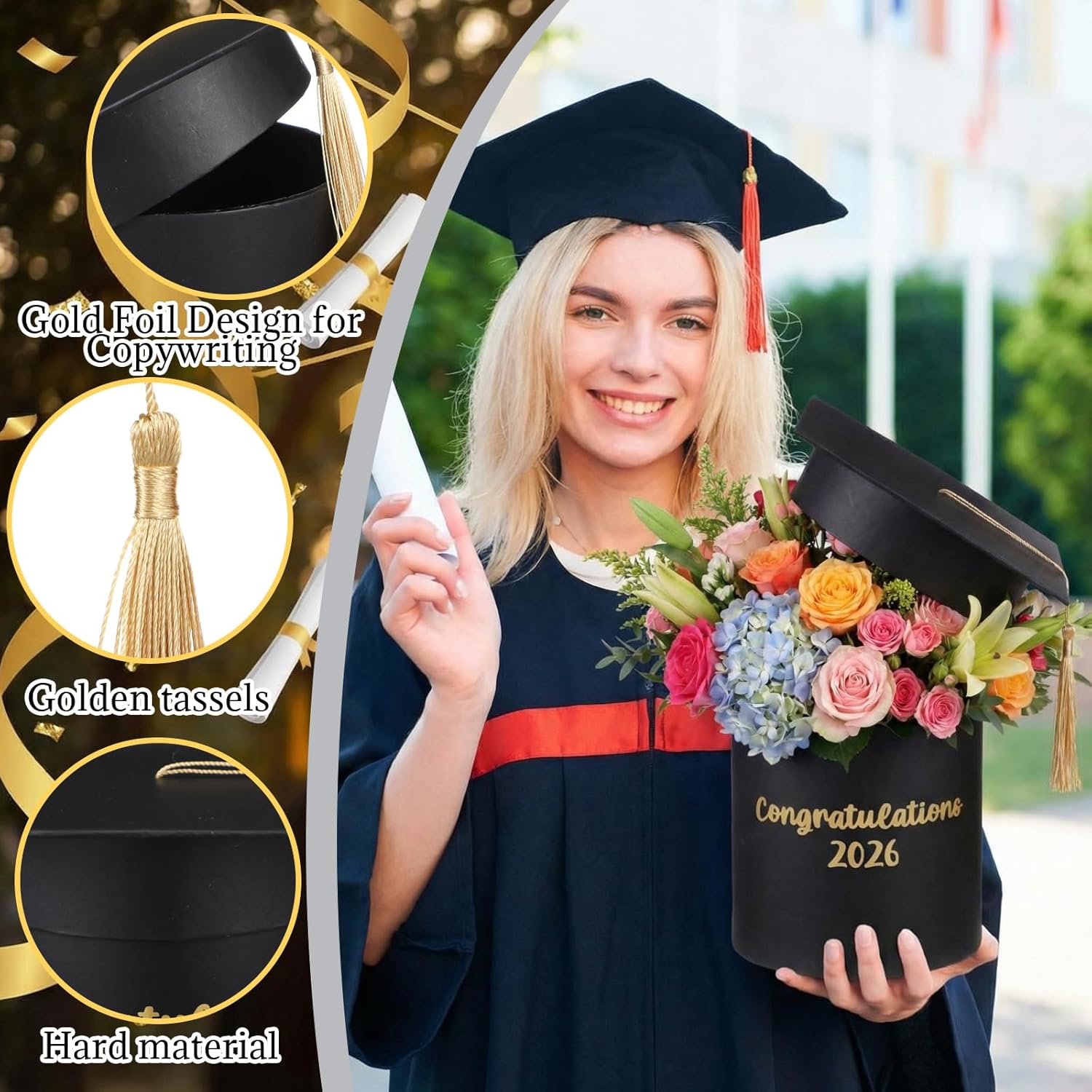 BreezeHug 6 Pcs Graduation Cap Flower Gift Boxes 2026, Congratulations Graduation Centerpiece Gift Box Holders for Bouquet Arrangements, Candy, Keepsake Party Table Decorations