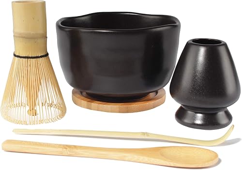 BambooMN Juego de iniciación de batidor de matcha cuenco Chawan Matcha, batidor de té, chashaku, cuchara, soporte de matcha y posavasos de bambú