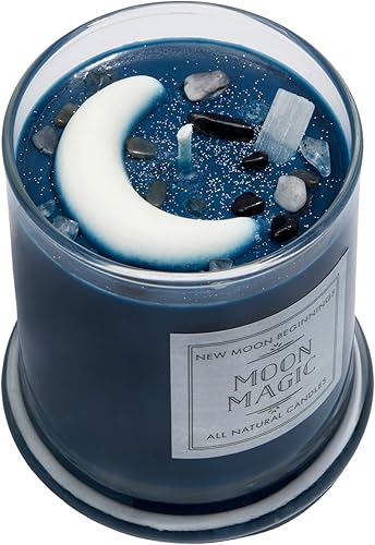 New Moon Beginnings Vela Crescent Moon - Vela en tarro de cristal - Aroma cálido, picante, amaderado - Azul - Estilo moderno - Tema de luna - Para