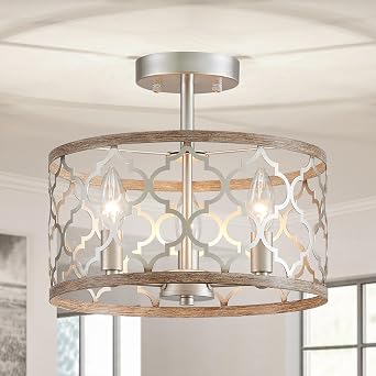 WUZUPS Chandelier 3-Light Vintage Farmhouse Semi-Flush Mount Ceiling Light Lighting Fixture for Foyer Bedroom Hallway Storage Room Kitchen Bathroom, H 9.8" x W 12.4", E12 Base, Nickel & Wood Imitaion