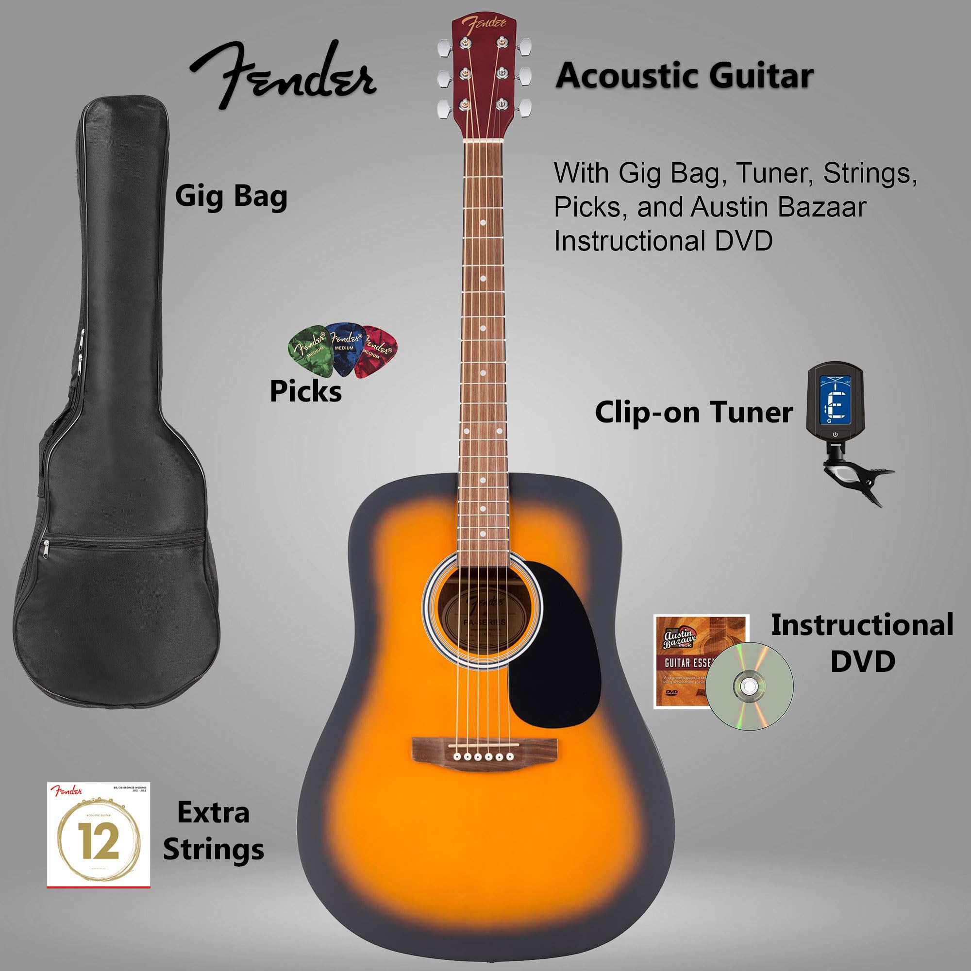 Fender Dreadnought Acoustic Guitar - Sunburst Bundle with Gig Bag, Tuner, Strings, Picks, and Austin Bazaar Instructional DVD