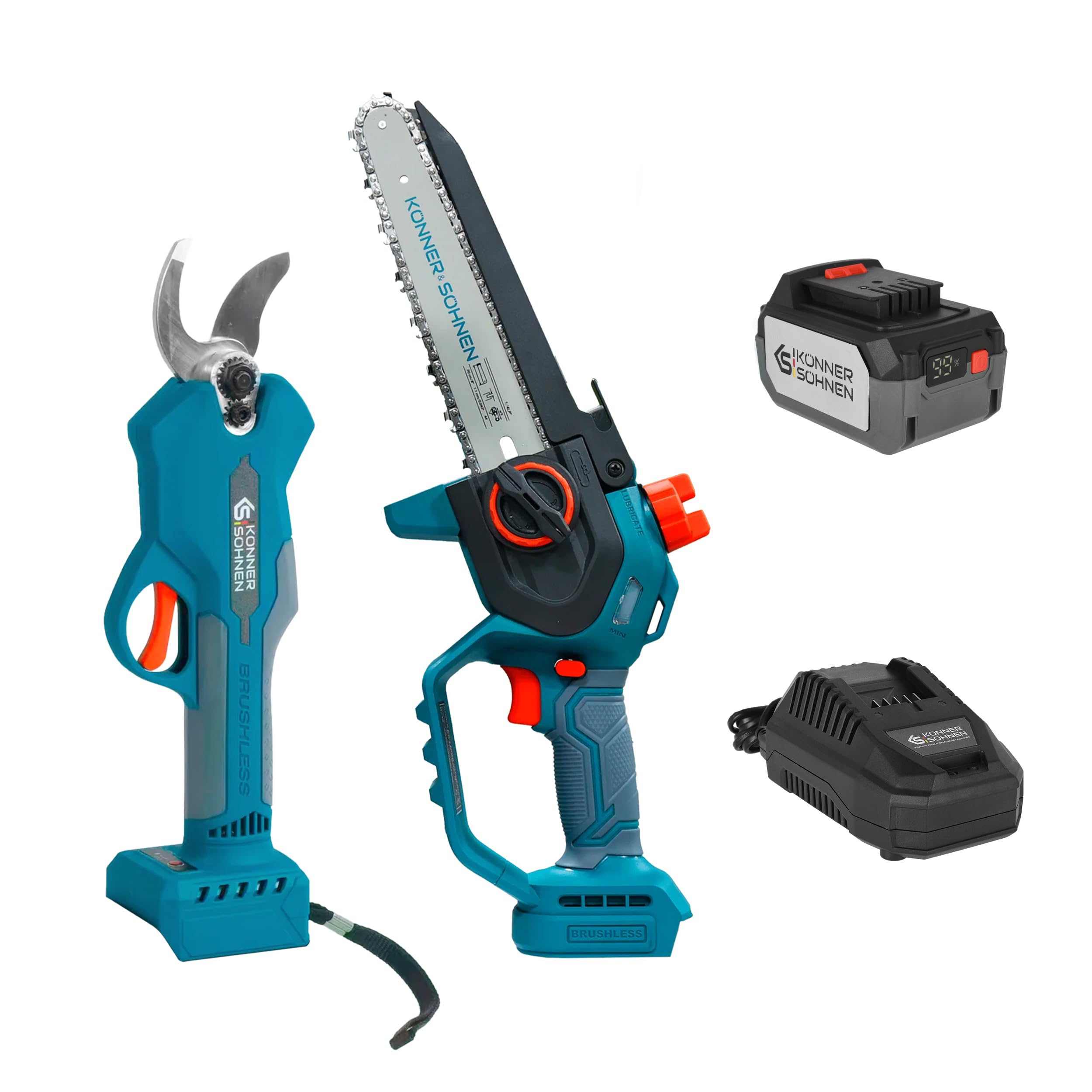 K&S Könner&Söhnen KS MCS-CSP - Kit para podar ramas y arbustos KS CPS20V-32 - Cortador de ramas + Mini motosierra KS MCS20V-8 + Cargador KS C45A + Batería KS 20V4-1 como regalo